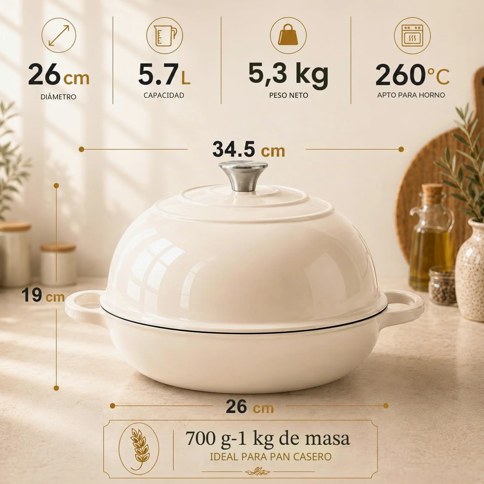 AHJ Olla de Hierro Fundido para Hornear Pan,26cm Dutch Oven | 5,7L Cacerola Holandesa de Esmaltado,Olla para pan con Cesta de Fermentación,para Cocinar,Hornear,Estofar y Asar (Blanco)