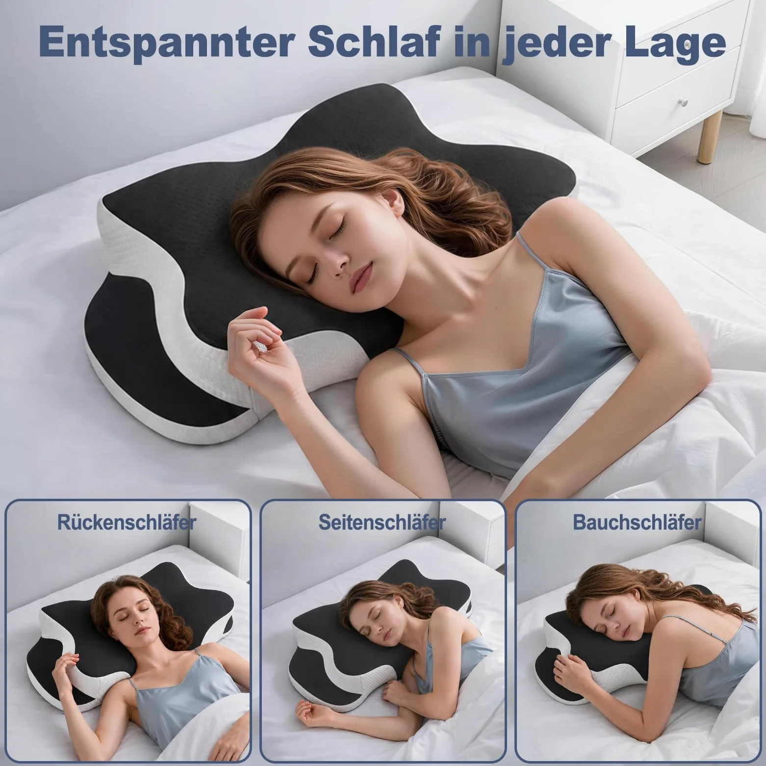 Almohada cervical ergonómica, ortopédica, espuma viscoelástica y mariposa | Con funda de almohada transpirable, extraíble, para dormir de lado, espalda y boca abajo