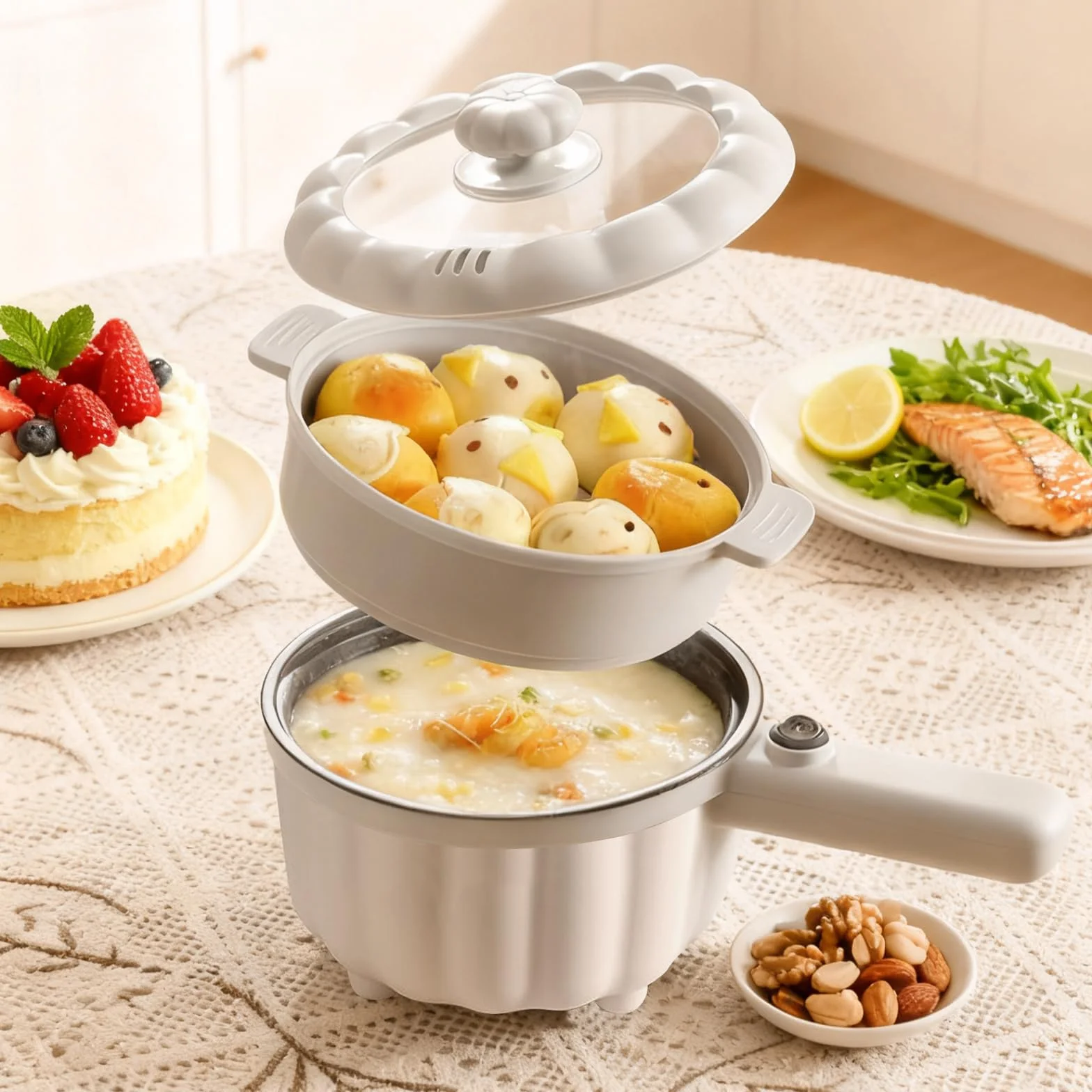 Olla eléctrica de 2 litros con vapor, olla caliente eléctrica, mini multicocina antiadherente, antiadherente mini sartén eléctrica, cocina ramen rápida para el hogar, oficina dormitorio
