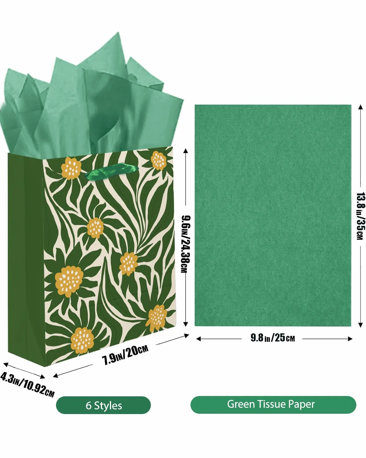 Gcardist 20,1 cm x 10,9 cm x 24,4 cm 6 unidades bolsas de regalo flores con asas de papel para papel de regalo de tamaño mediano (6 bolsas + 12 hojas de papel absorbente)