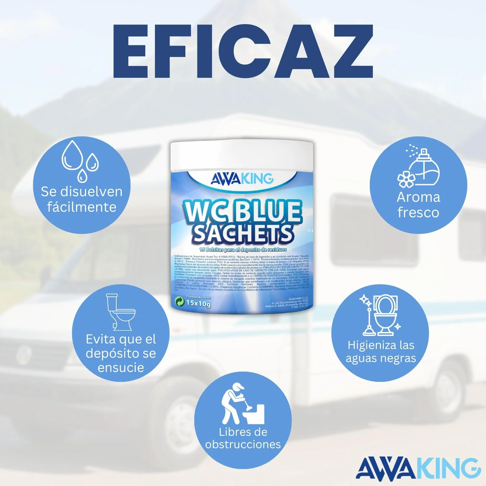 Pastillas WC Quimico Autocaravana AWAKING Blue Sachets 15ud Higieniza Desodoriza Concentrada