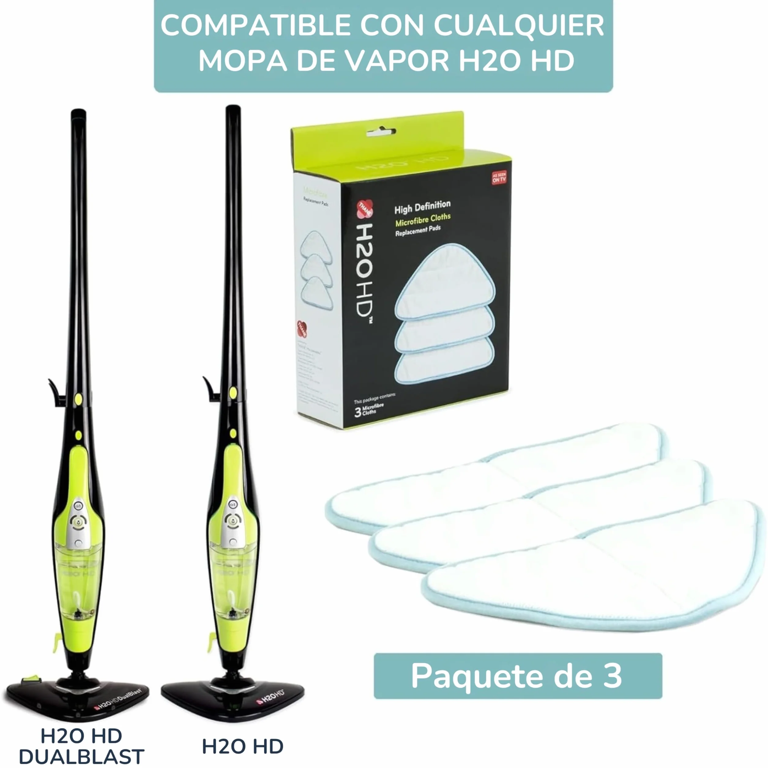 H2O HD Pack de 3 Paños de Microfibra – Recambios Lavables para Mopa a Vapor – Compatible con H2O HD, Dual Blast y Lite – Alta Absorción