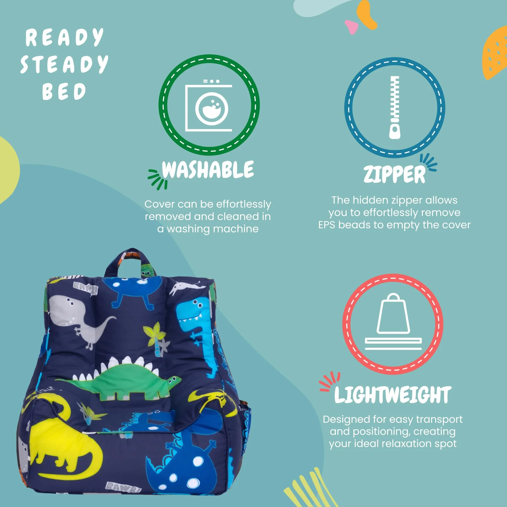 Ready Steady Bed Puf para niños con reposapiés, asiento suave y seguro para jugar a los niños, sillón de diseño ergonómico para niños pequeños, muebles cómodos para niños (dinosaurio oscuro)