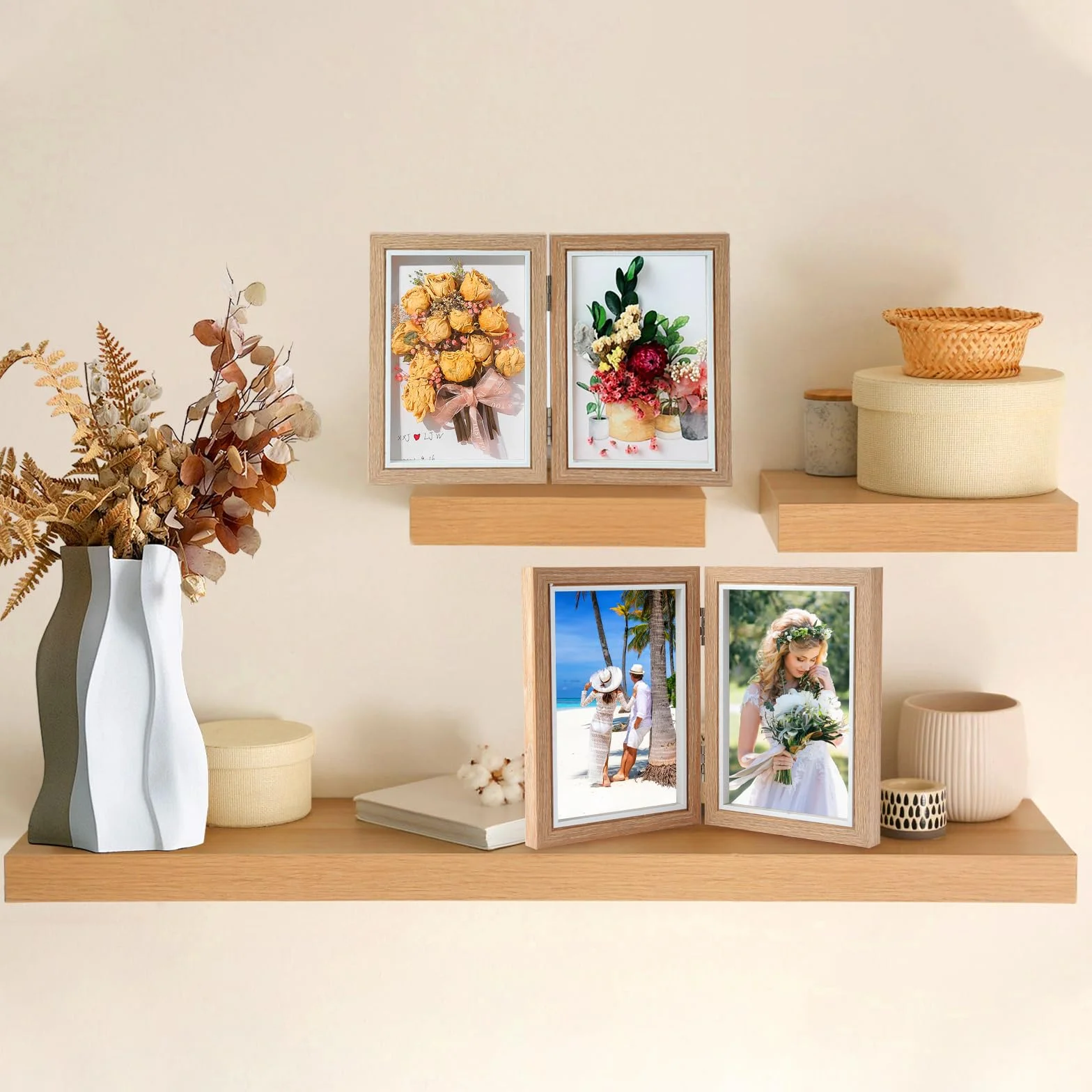 Marcos de Fotos Doble Madera, Marco Fotos Doblar, Plegable Marcos, Marco Fotos Doble, Capacidad Para 2 Fotos 10 x 15cm, para Retrato Varias Fotos Marco,Decoración Hogareña,Día de la Madre Regalo,Boda