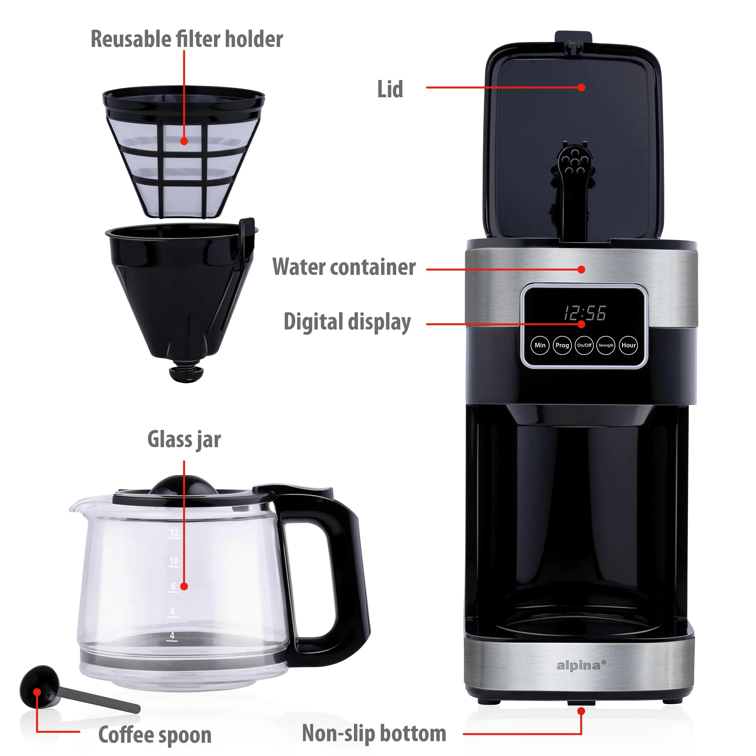 alpina Cafetera de Filtro - Máquina de Café 1.5L/ 12 Tazas de Café de Filtro - Cafetera con Pantalla Digital, Temporizador y Placa Calefactora - Intensidad del Café Ajustable - Negro