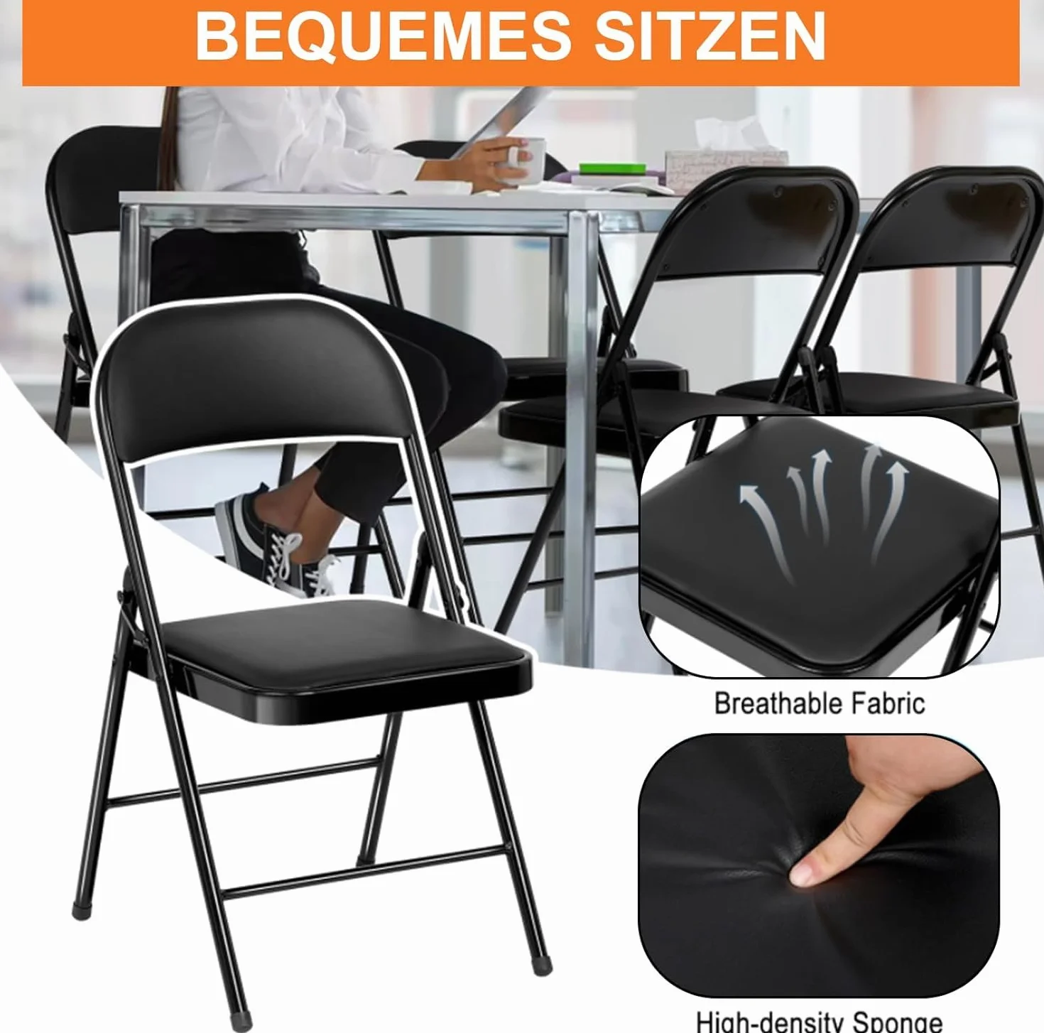 Set 2 Silla Plegable Acolchada, Sillas Plegables con Estructura de Acero Negro para Interior y Exterior, Silla de Comedor Apilable , Silla Plegable para Jardin, Balcón, Camping, Cocina y Eventos