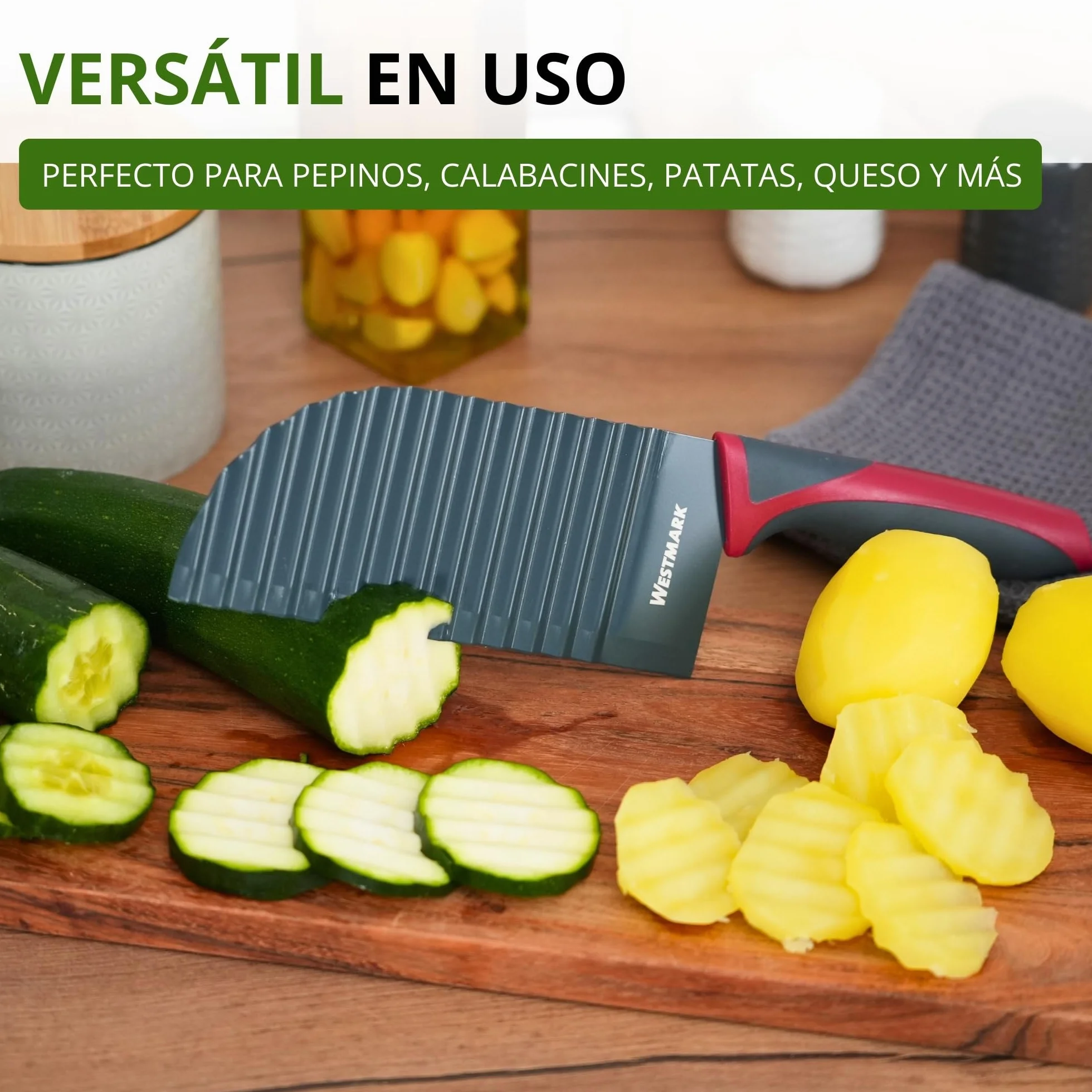 Westmark cortador ondulado, cuchillo negro-rojo de 28.3 cm para verduras, patatas, fritas y alimentos BLW, Hoja con revestimiento antiadherente, óptimo para cortes creativos y seguros