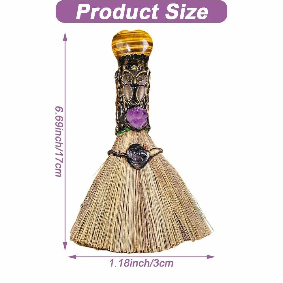 Mini Escoba de Altar de Bruja de Cristal Natural - Pequeño Palo Hecho a Mano para Ritual Wicca - Decoración de Halloween para Hogar y Coche