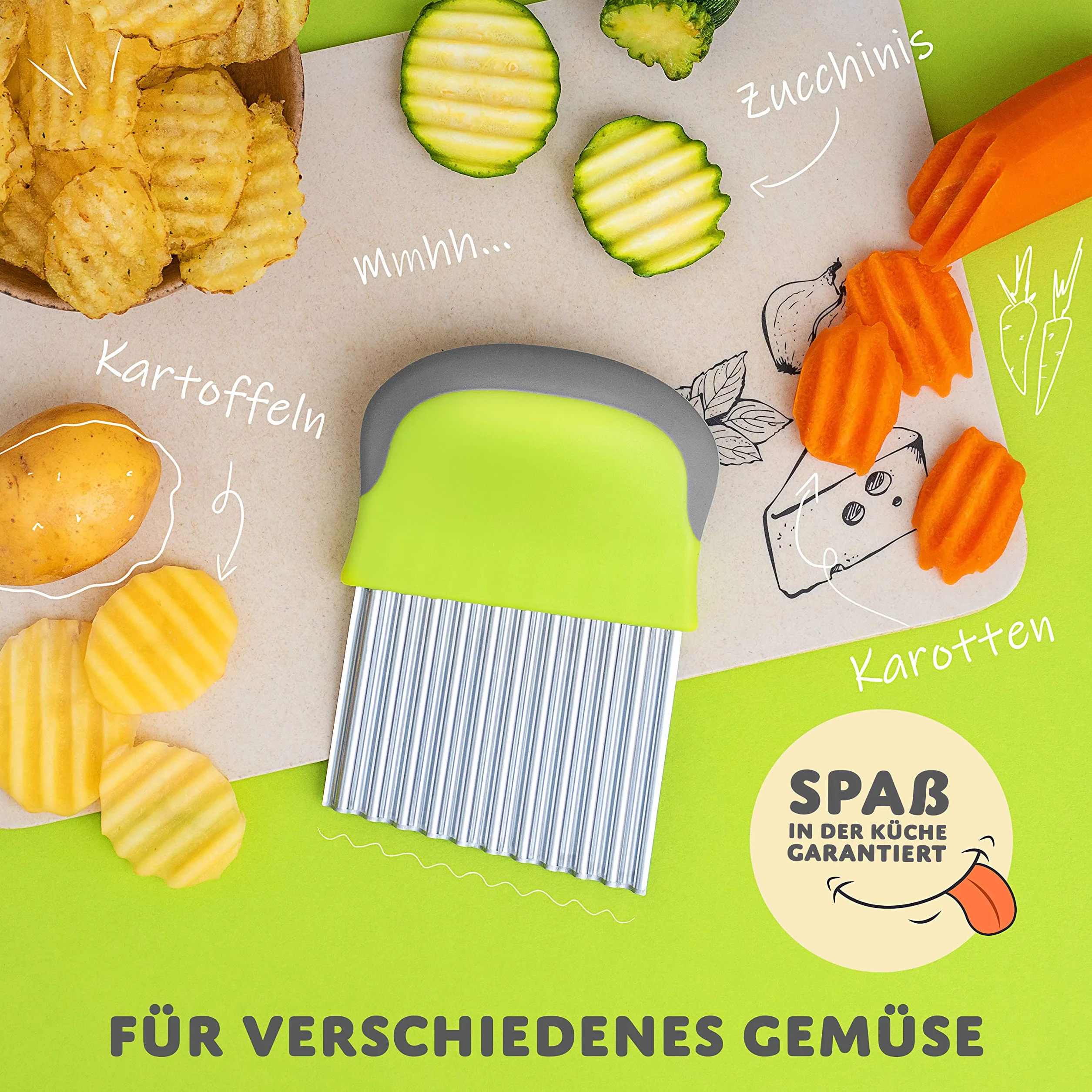 Villkin Cortador Ondas Acero Inoxidable para Frutas Verduras Estriadas - Mango Ergonomico Ondulado Cuchillo Cocina Divertida