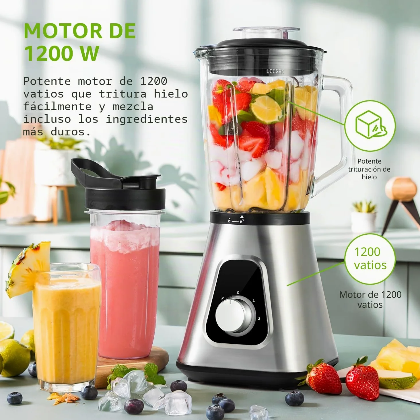 GDOR Batidora de Vaso 1200 W Cristal 1,5 L+ Botella Portátil Licuadora Porfesional, 3 Velocidades, 6 Cuchillas + 4 Cuchillas de Acero Inoxidable para Batidos, Zumos de Frutas, Pilar de Hielo