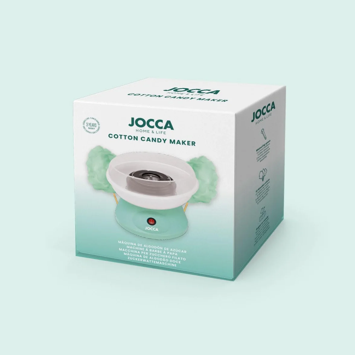 JOCCA - Máquina de Algodón de Azúcar | Listo en 5 Min | Usa Azúcar o Caramelos | Fácil Limpieza | Incluye Cuchara Medidora y 10 Palitos | 520W | 26x26x17cm