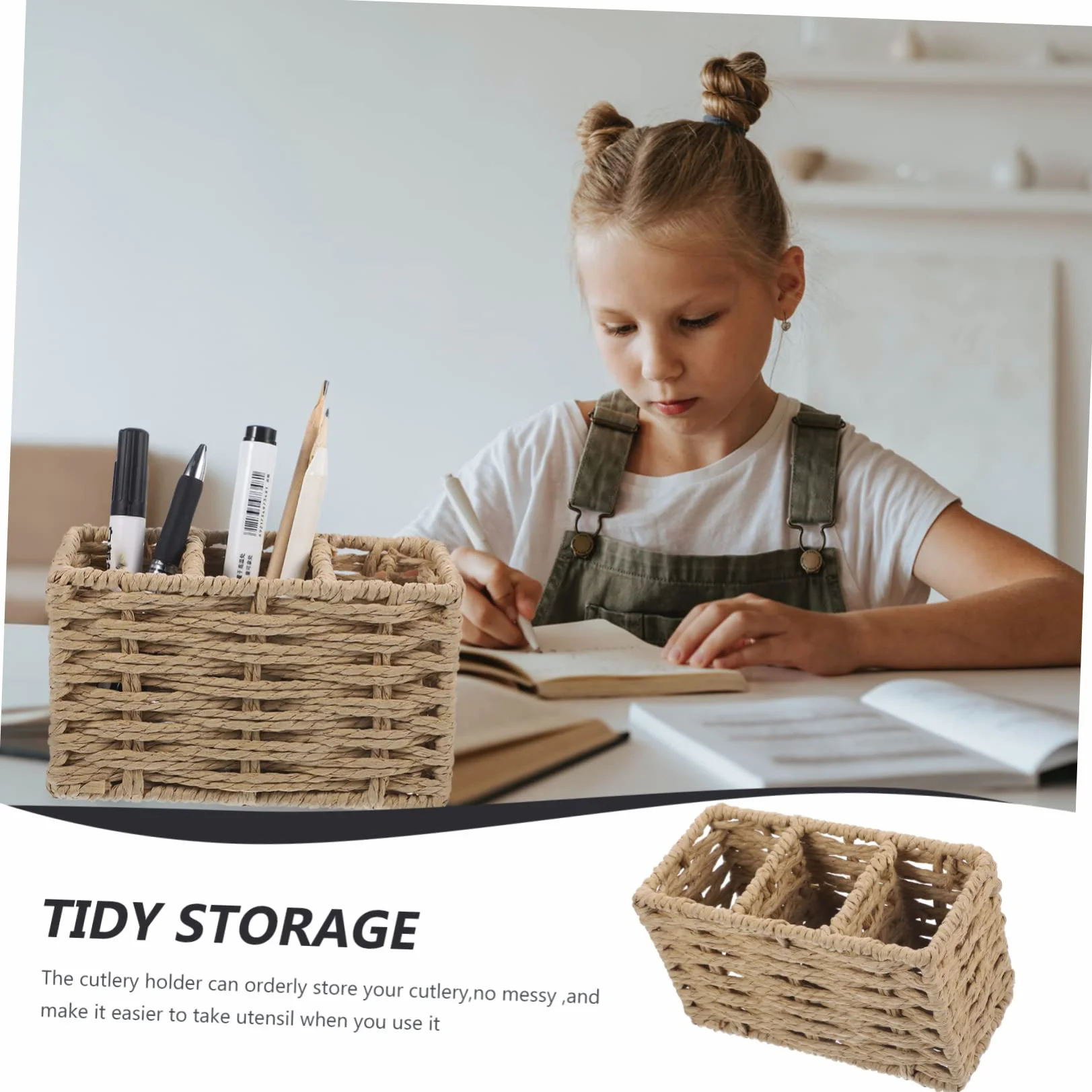 PRETYZOOM Cesta De Almacenamiento Tejida De Cuerda De Papel Beige para Cubiertos y Utensilios De Cocina Soporte Organizador para Tenedores y Cucharas para Hogar y Restaurantes