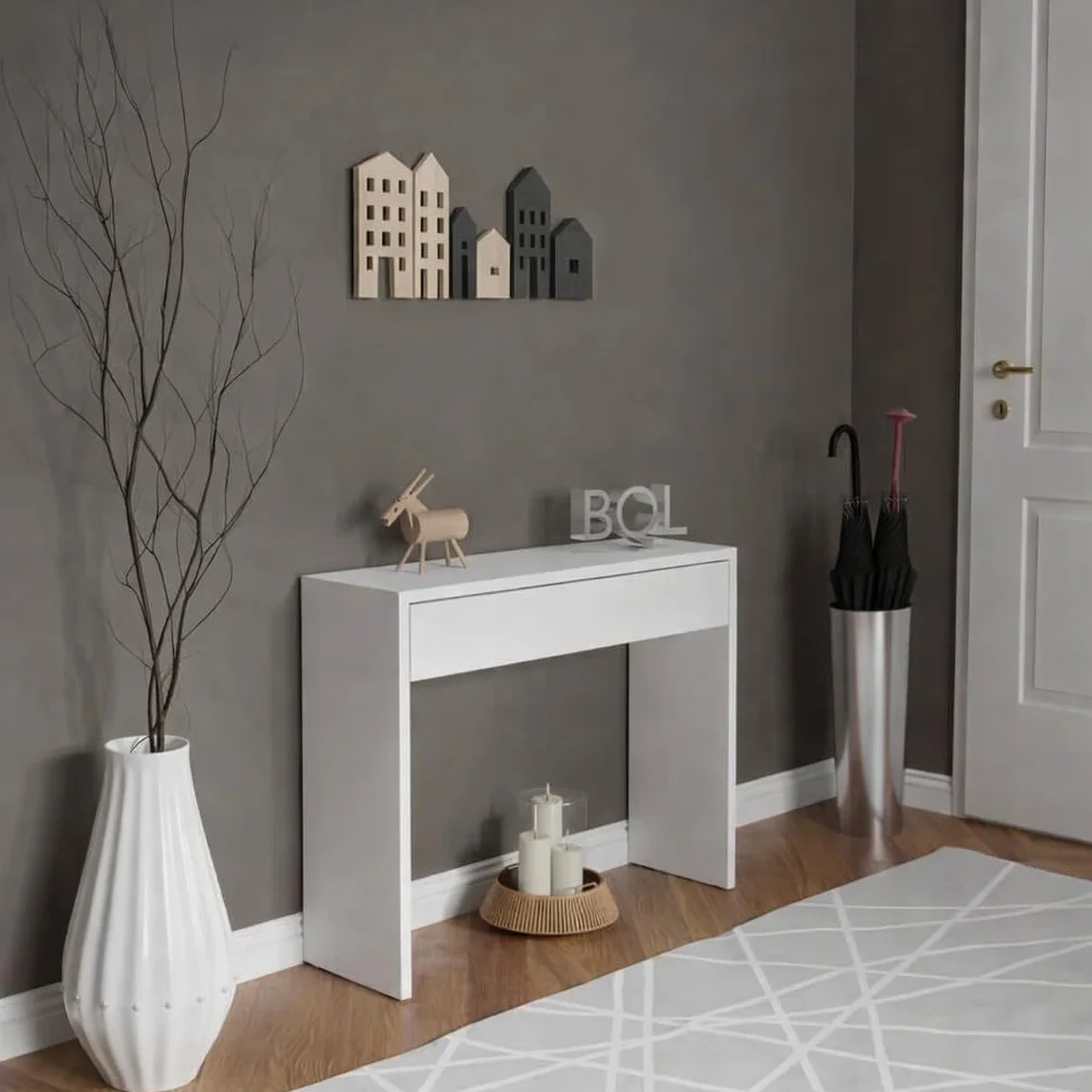 Recibidor con cajón, Mueble de Entrada, Modelo Milo, Acabado en Blanco, Consola de Entrada