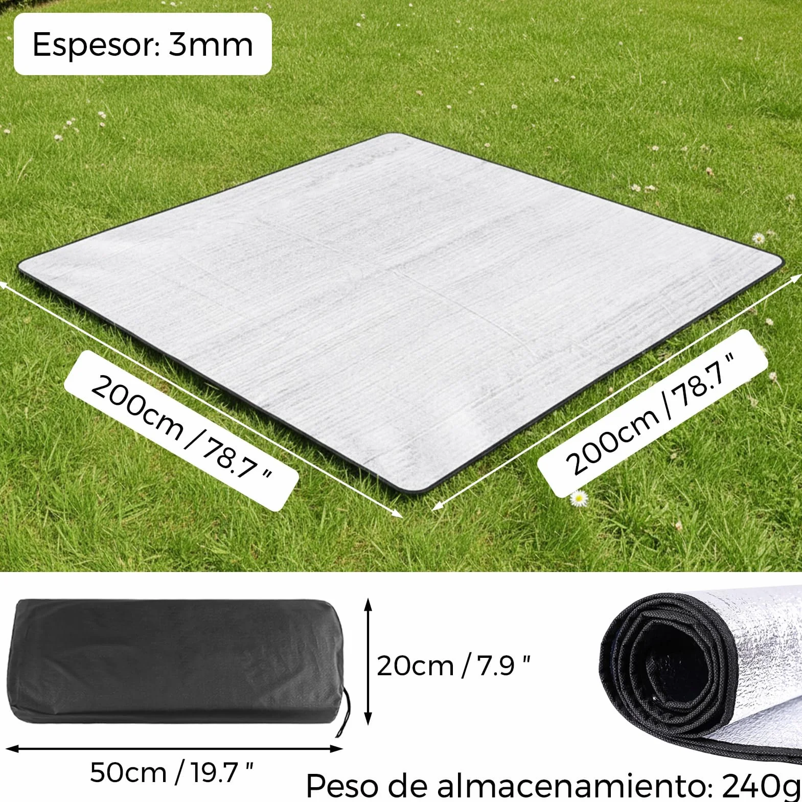 Esterilla Aislante de Aluminio Térmica para Camping 200x200 cm Impermeable Ultraligera Plegable