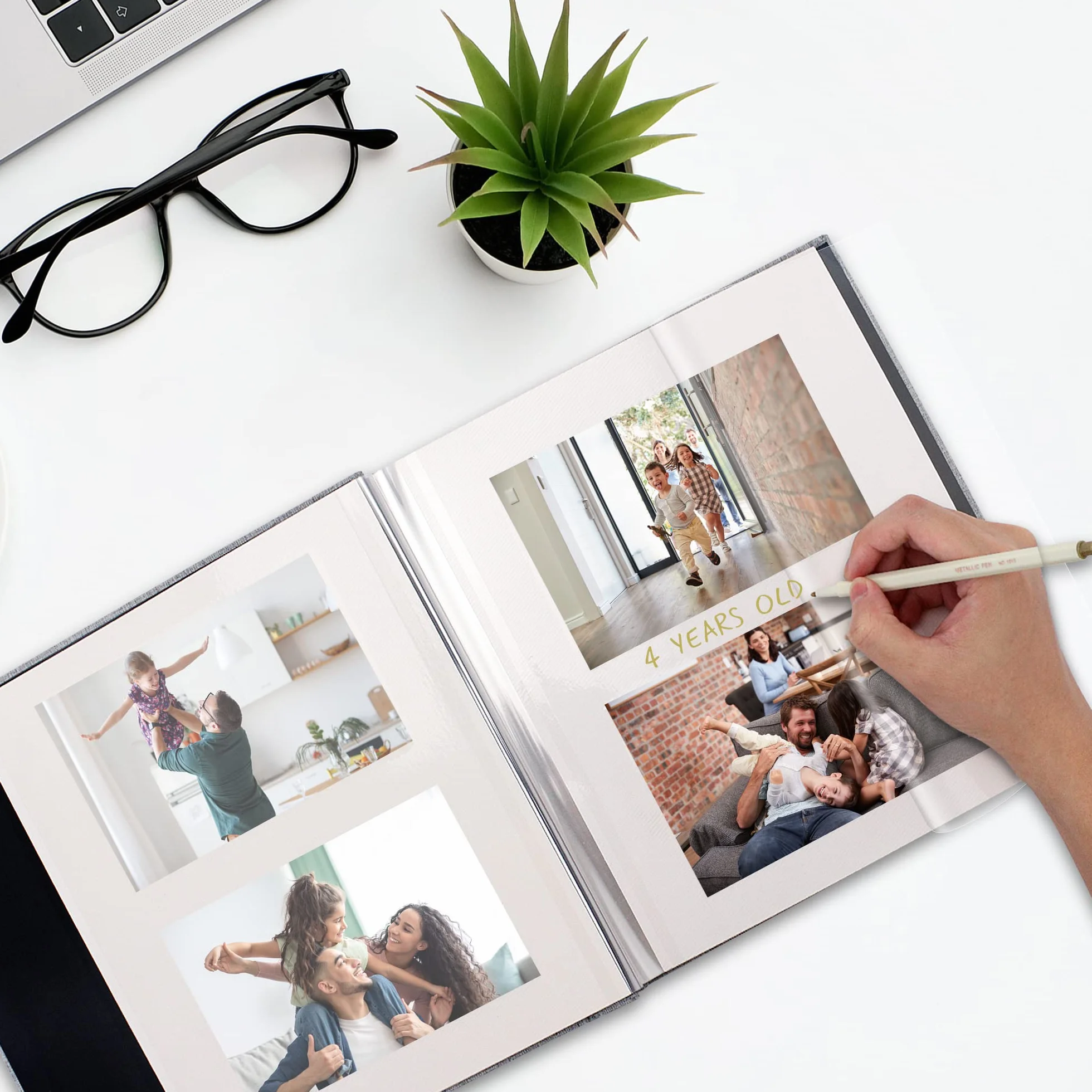 Álbum de Fotos Autoadhesivo 28x27 cm 40 Páginas para Fotos 10x15 13x18, Álbum Scrapbook de Lino para Pegar y Escribir, Con Bolígrafo Metálico, Regalo Familia Bodas Viajes, Blanco