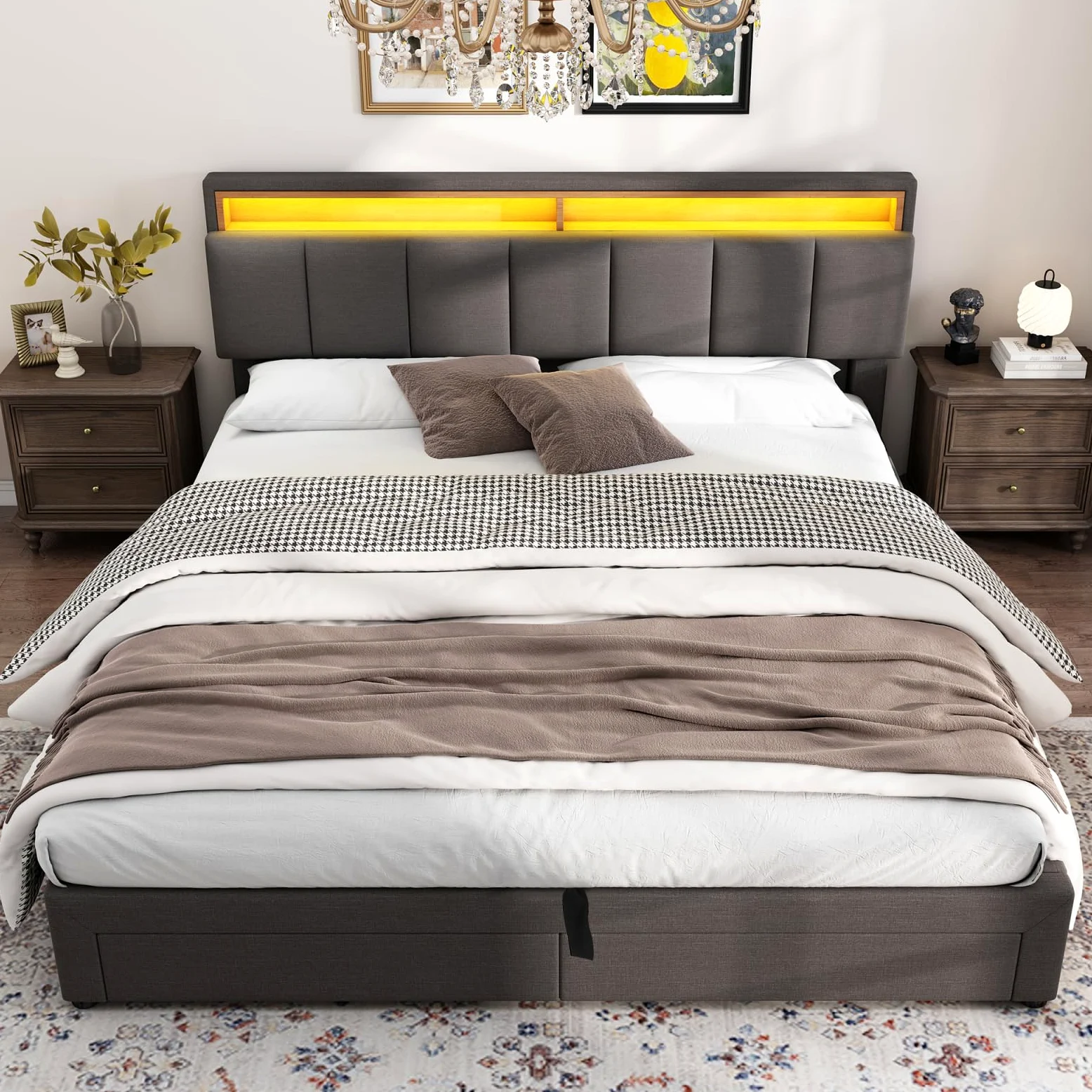 Cama 160x200 con Somier, Cama Baúl 160x200 con Iluminación LED, Cama Hidráulica Acolchada, Camas 2 Personas con 2 Cajones Almacenamiento, Lino, sin Colchón, Gris