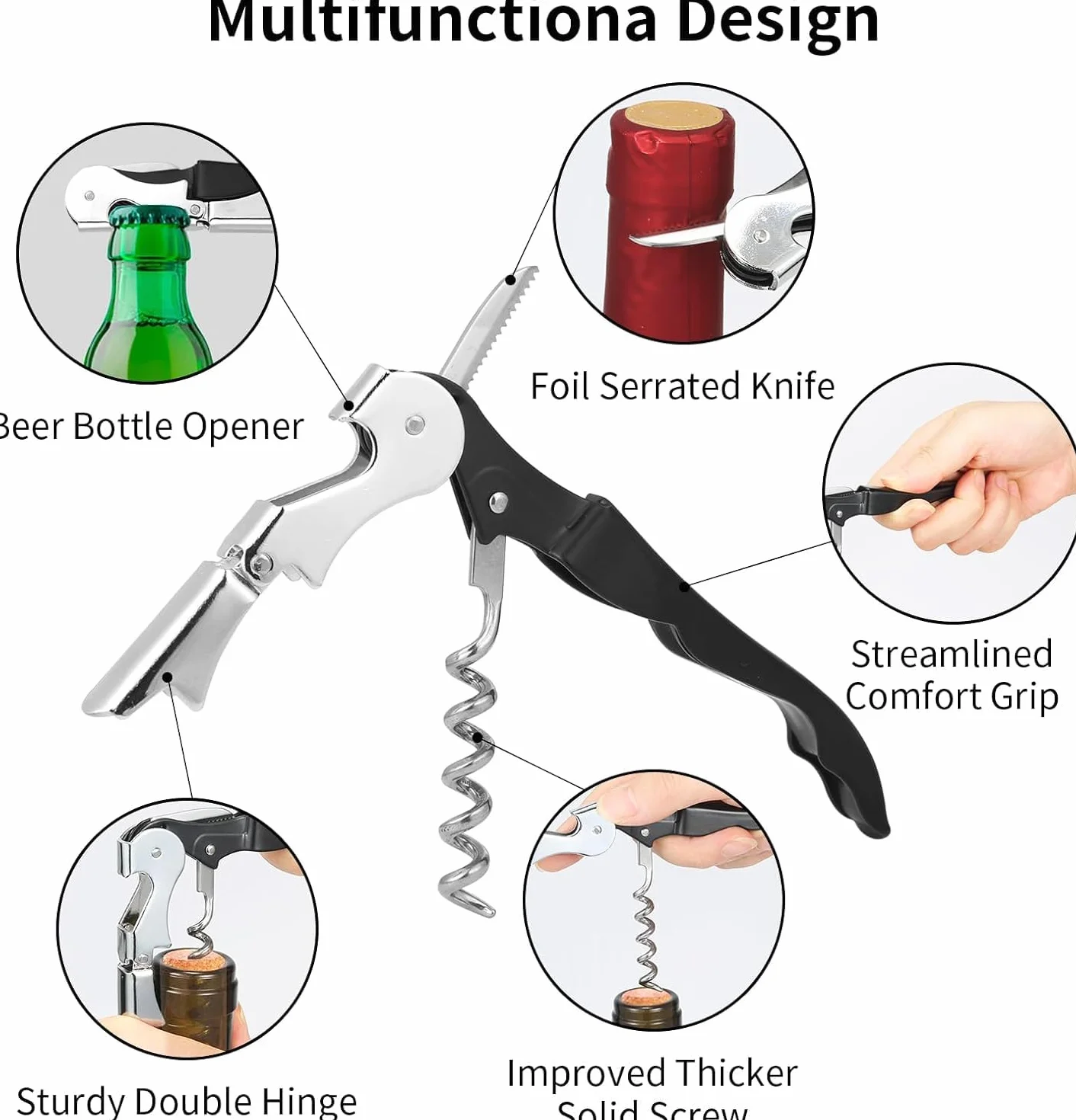 Abridor de Vino,4 Piezas Sacacorchos Camarero Profesional,Sacacorchos para Vino con Cuchillo,3 in 1 Abrebotellas Vino para Restaurante(Negro)