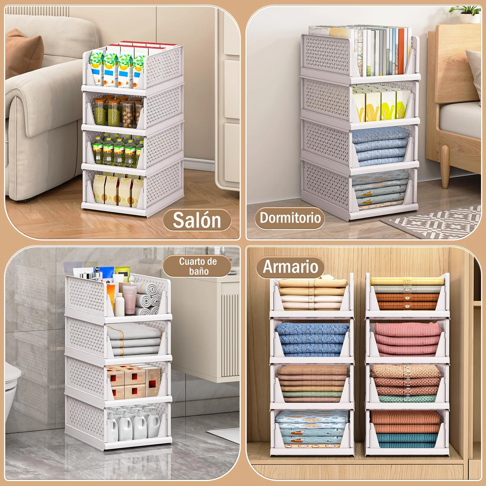 TidyIsles Organizador Armario Plegable Apilable 4 Unidades, Cajonera Plástico Separadores, Almacenamiento Ropa para Dormitorio Baño Blanco