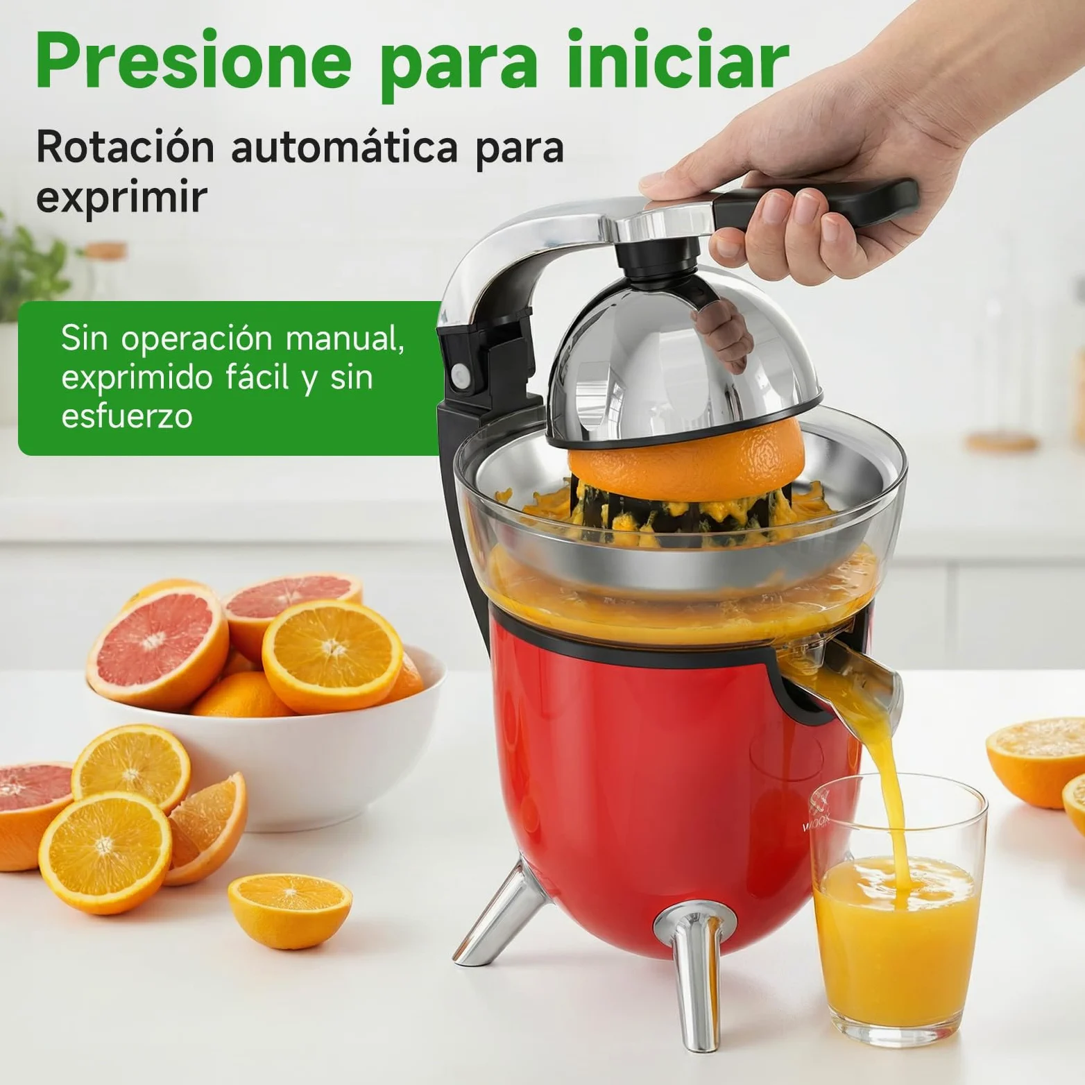 Woox Exprimidor de Naranjas Electrico, con Brazo de Palanca, 100W, Exprimidor Electrico Silencioso con 2 Conos para Limones y Pomelos, Boquilla Antigoteo, Sin BPA, Desmontable y Fácil de Limpiar