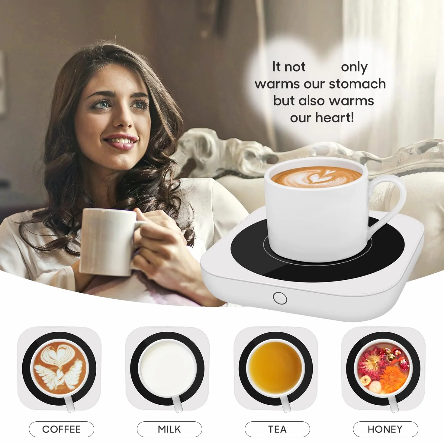 Calentador de Tazas de Café 36W con Tres Ajustes de Temperatura hasta 80°C, Placa Calentadora de Bebidas, Blanco