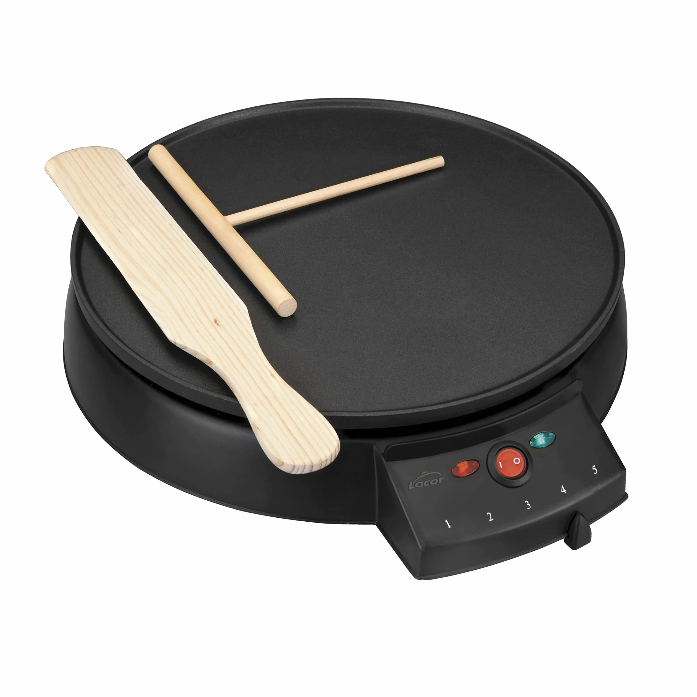 LACOR - 69122 - Crepera Eléctrica Black, Placa para hacer Creps, Base de Aluminio Antiadherente, Espátula y Rastrillo Incluído, Temperatura máx 200ºC, 1000 W, Libre de BPA, Negro