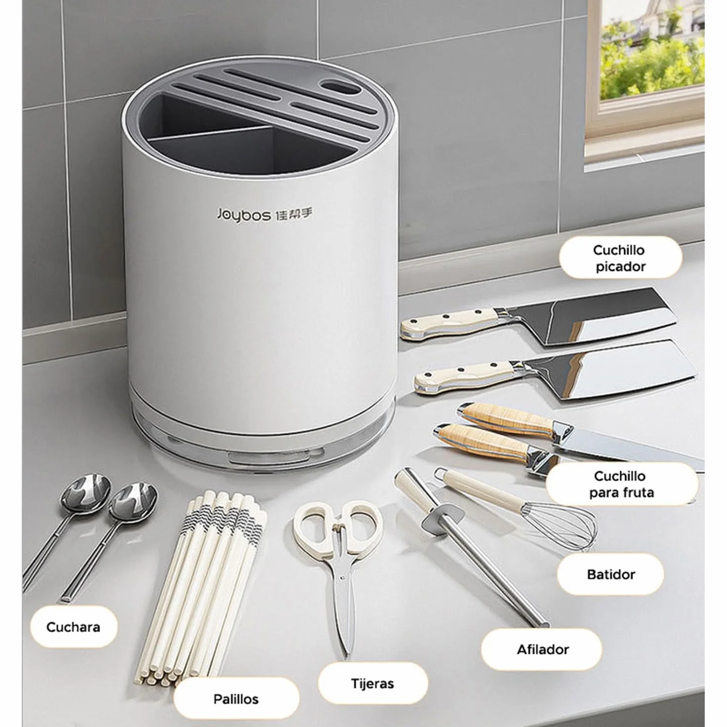 JOYBOS - Organizador de cuchillos redondo con ranura universal para cocina blanco