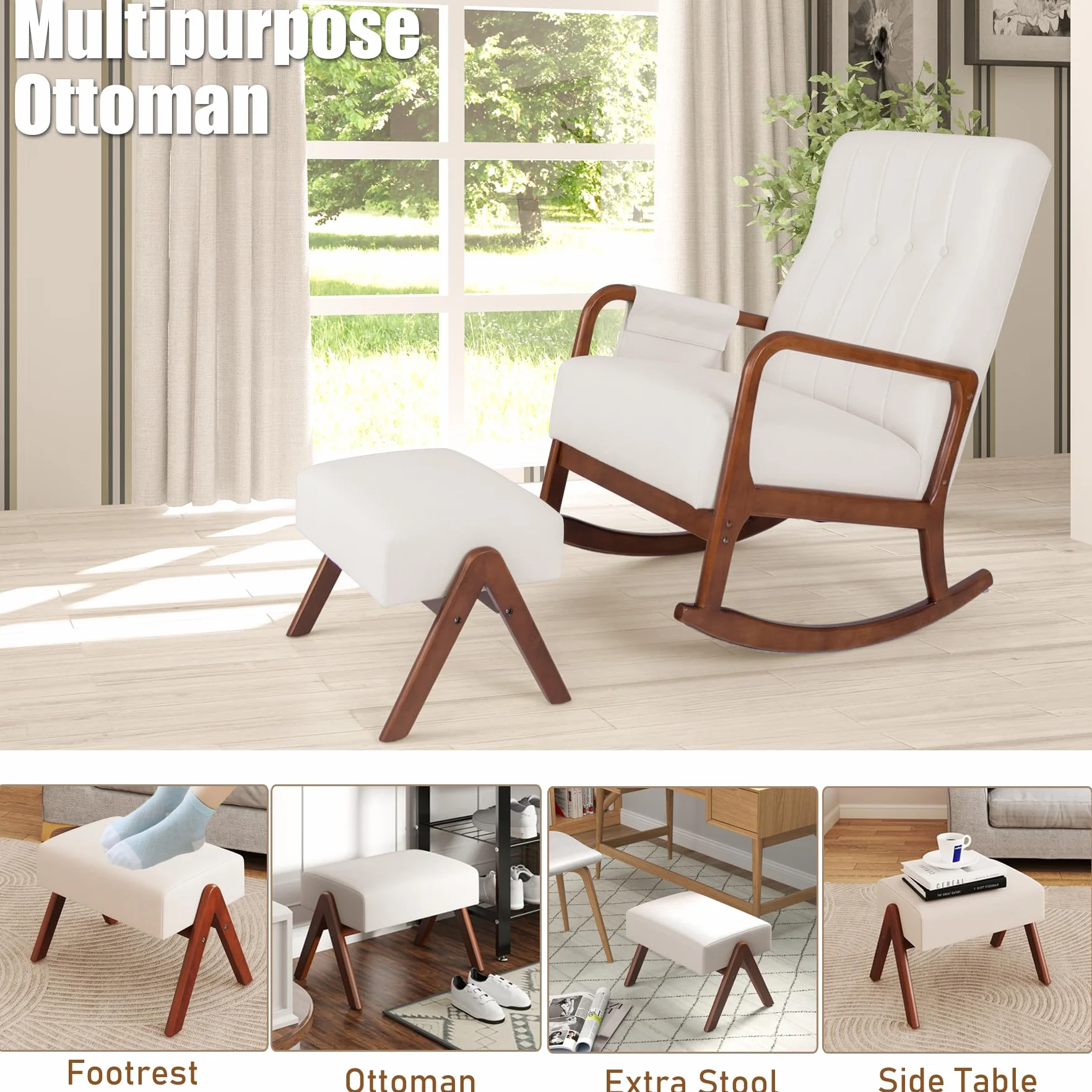 HOMASIS Silla Mecedora con Reposapiés y Bolsillo, Juego de Sillón Balancín con Reposabrazos y Estructura de Madera Maciza, Silla de Lactancia para Salón, hasta 150 kg, 97 x 65 x 104 cm (Beige)