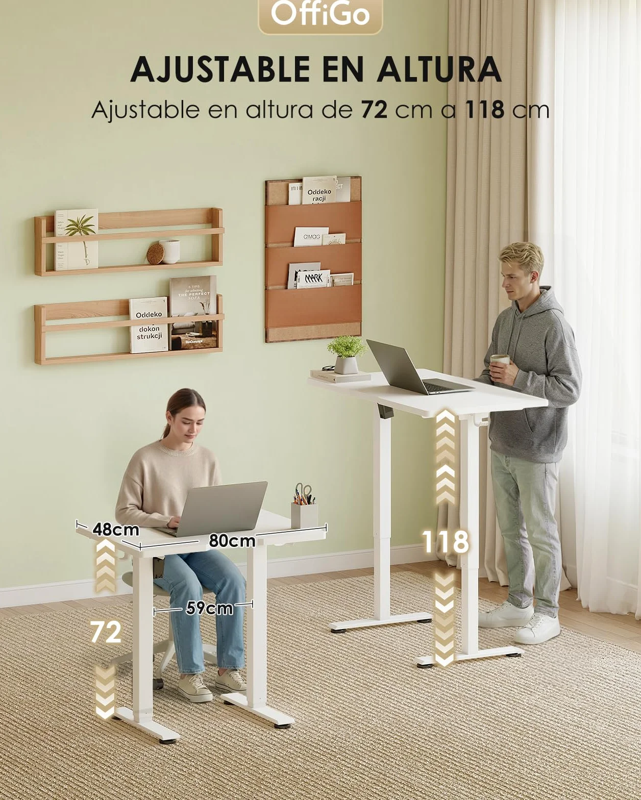 OffiGo Escritorio Elevable, 80 cm Escritorio Pequeño con 3 Memorias de Altura, Mesa Elevable Electrico para Estaciones de Trabajo en Casa, Mesa Ordenador Compacta para Espacios Pequeños, Blanco