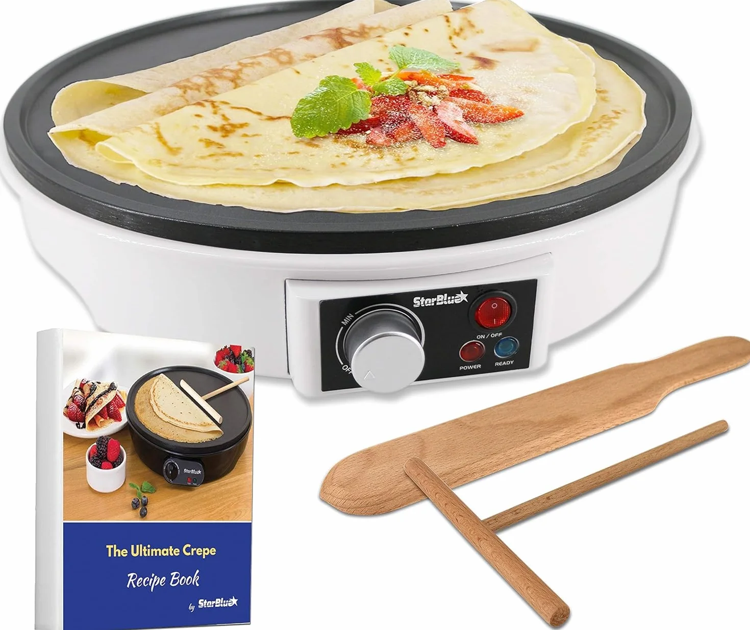 StarBlue Máquina Eléctrica Para Hacer Crepes Y Tortitas De 30,5 Cm, Con Libro Electrónico De Recetas Y Espátula De Madera, Ca 220-240 V, 50/60 Hz Y 1000 W, Enchufe Del Reino Unido Y Adaptador Europeo
