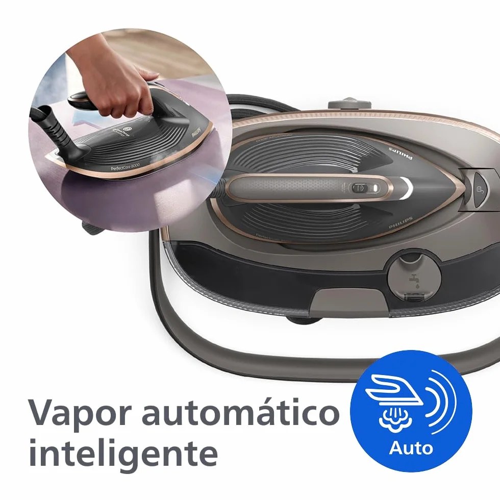 Philips PerfectCare Serie 8000 Centro de Planchado - 215g de Golpe de Vapor, Fácil de Transportar y Guardar, OptimalTEMP, SteamGlide Elite, 1,4L, Easy De-Calc, Sin Quemaduras Garantizado (PSG8200/80)