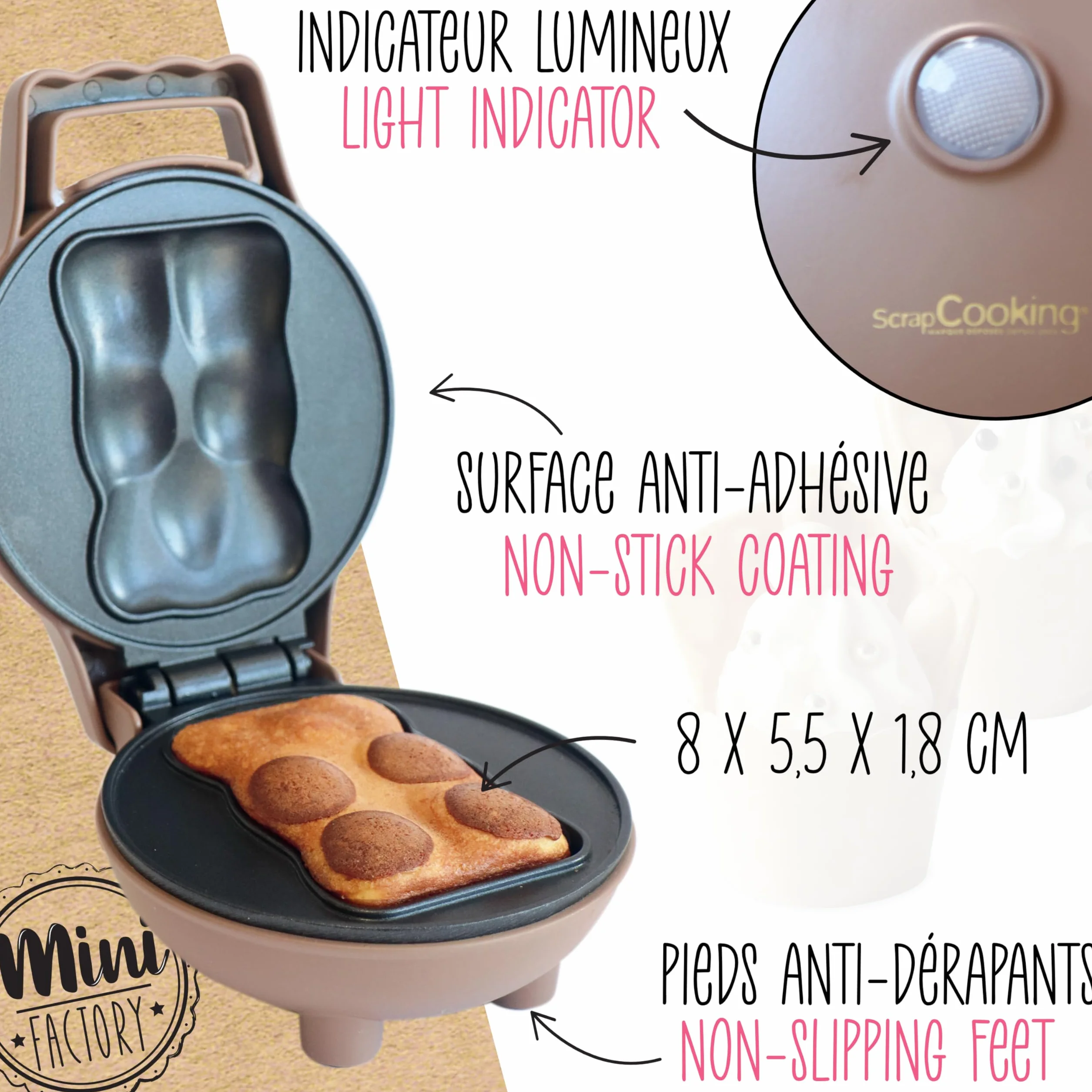 ScrapCooking - Mini Osito Factory - Máquina para Bizcochitos de Osito - Placa Caliente Antiadherente - Mini Pastelitos - Idea de Regalo para Repostería y Cocina - Receta Incluida - 3880