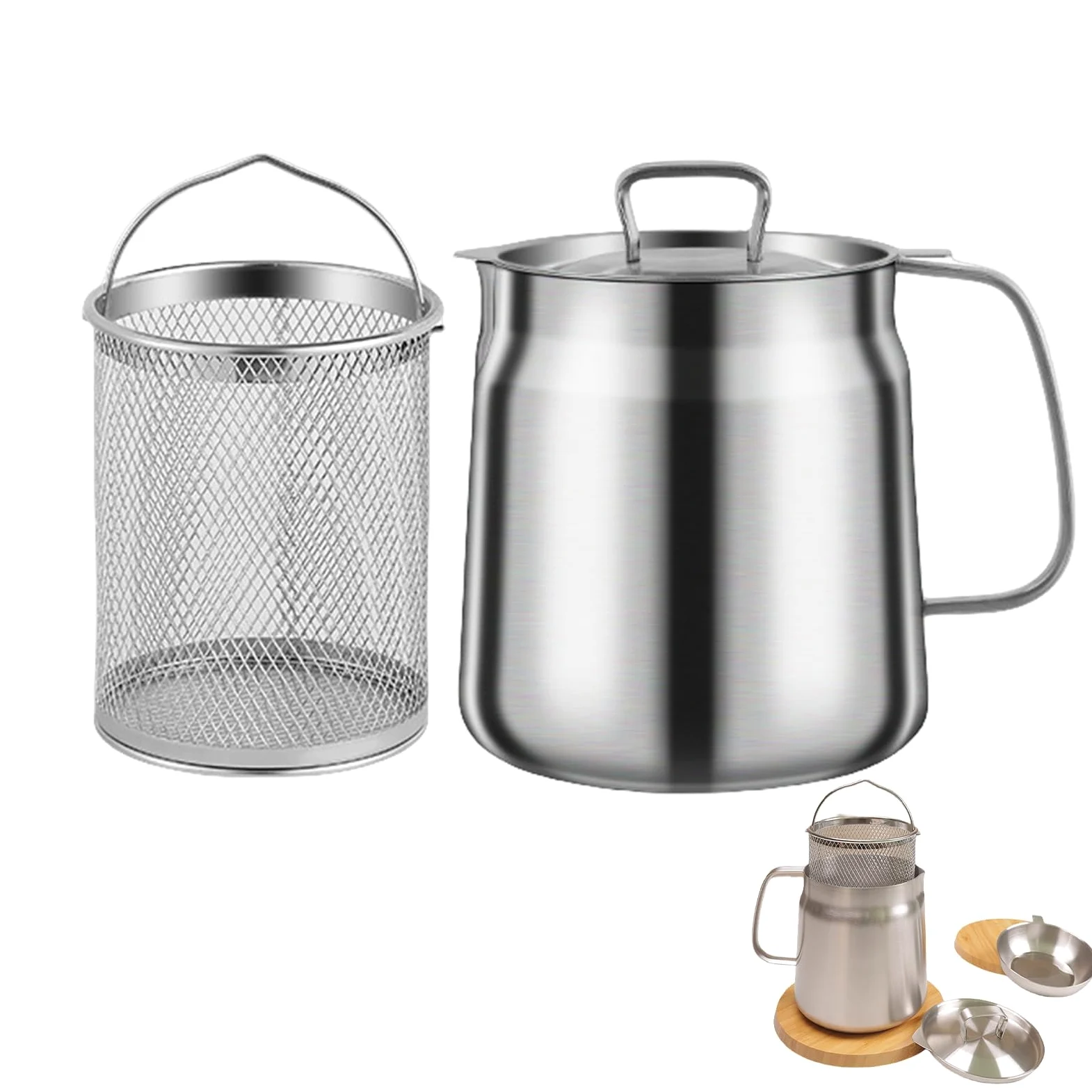 Ollas coladoras de aceite portátiles 2 en 1 para cocinas y al aire libre, de acero inoxidable, freidoras con cesta para cocinar