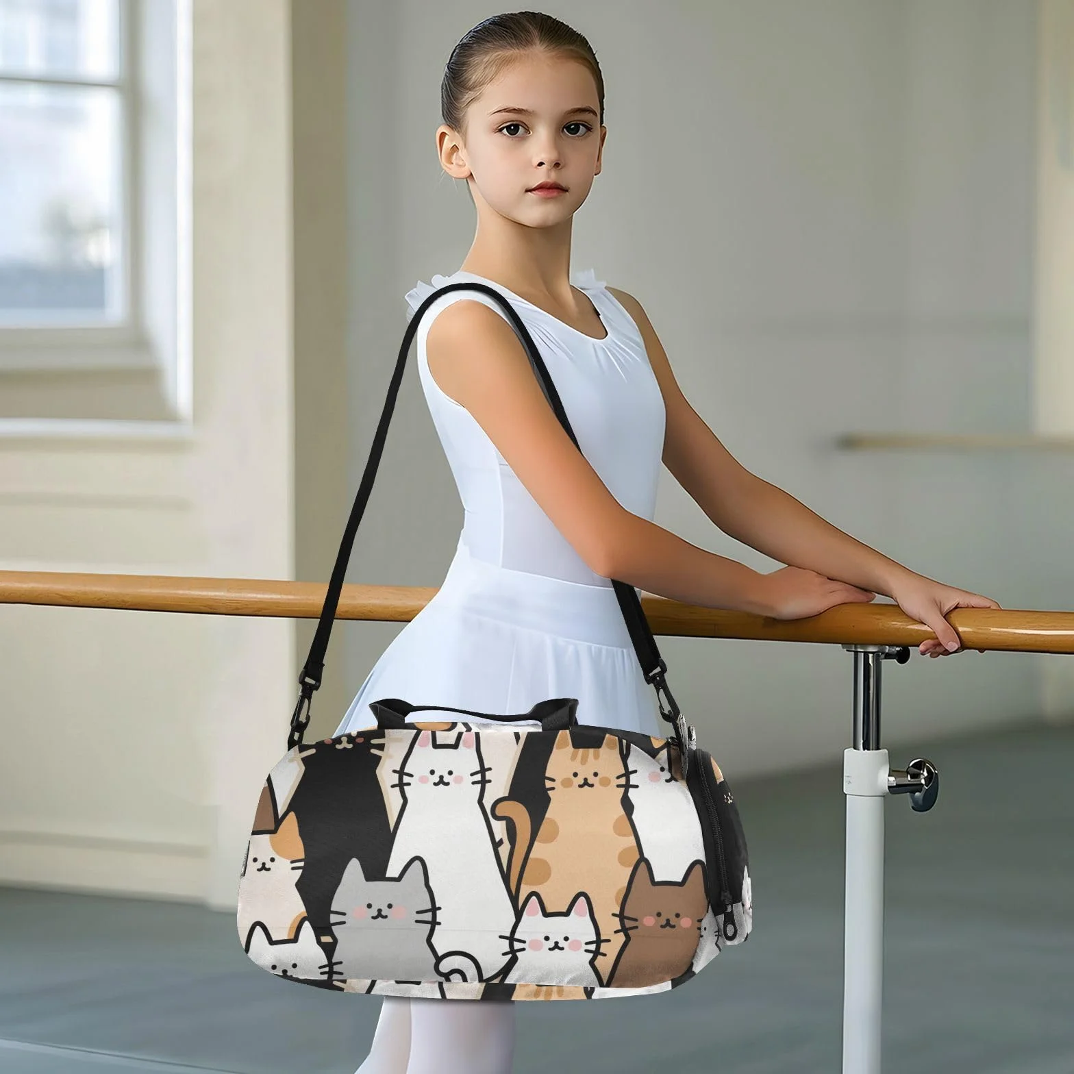 Bolsa de gimnasio pequeña diseño gato dibujos animados compartimento zapatos gran capacidad viaje playa natación