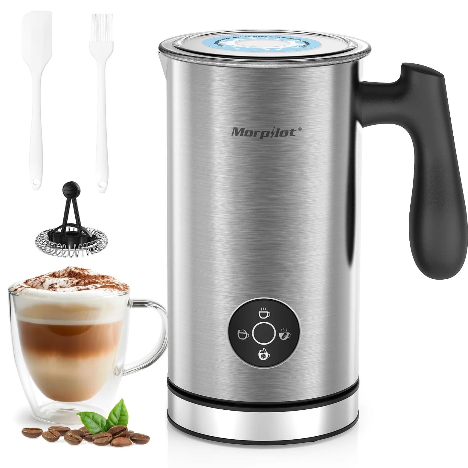 Morpilot Espumador de Leche Eléctrico 4 en 1, para Capuchino y Chocolate Caliente, 300 ml, para Espuma de Leche Caliente y Fría, y Chocolate, Antiadherente, Acero Inoxidable