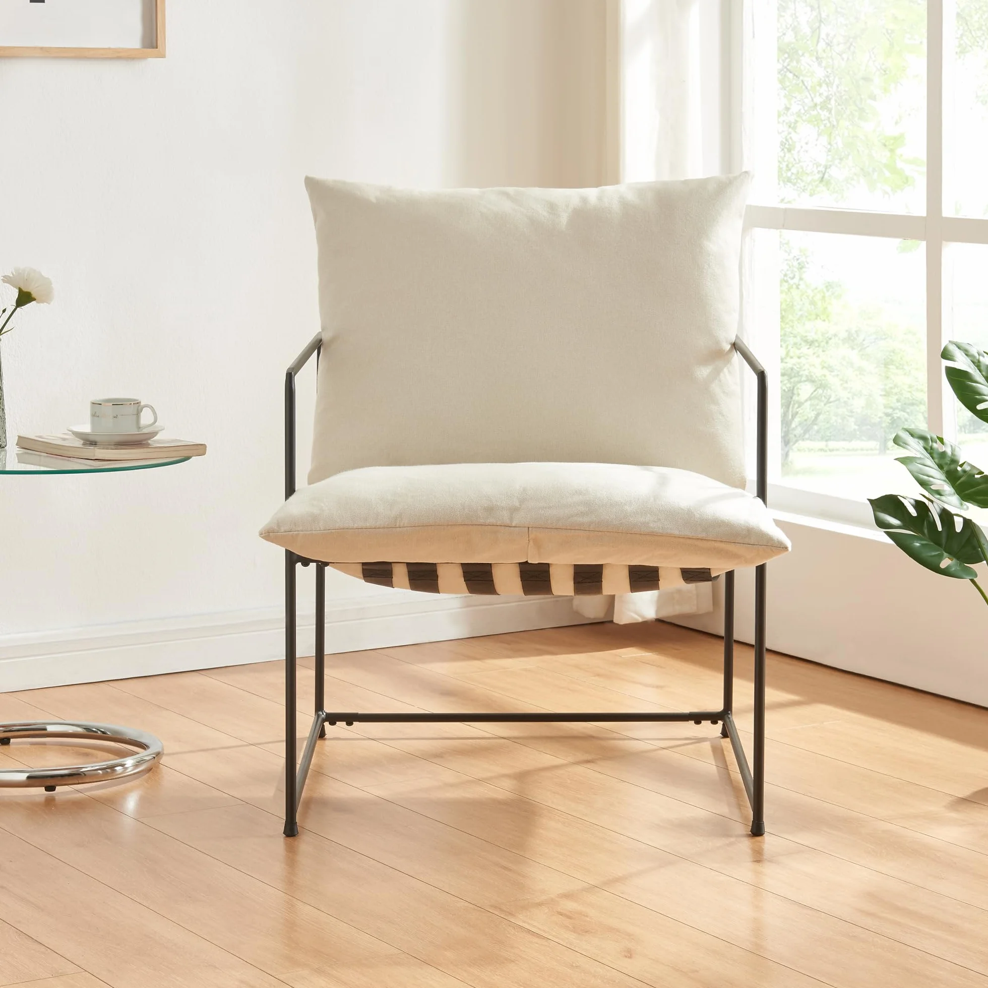 [en.casa] Sillón para Salón Utsjoki Silla Elegante con Reposabrazos Butaca con Cojin Acolchado y Lavable para Dormitorio Salón Oficina Metal/Textil 90x61x70cm - Negro/Beige