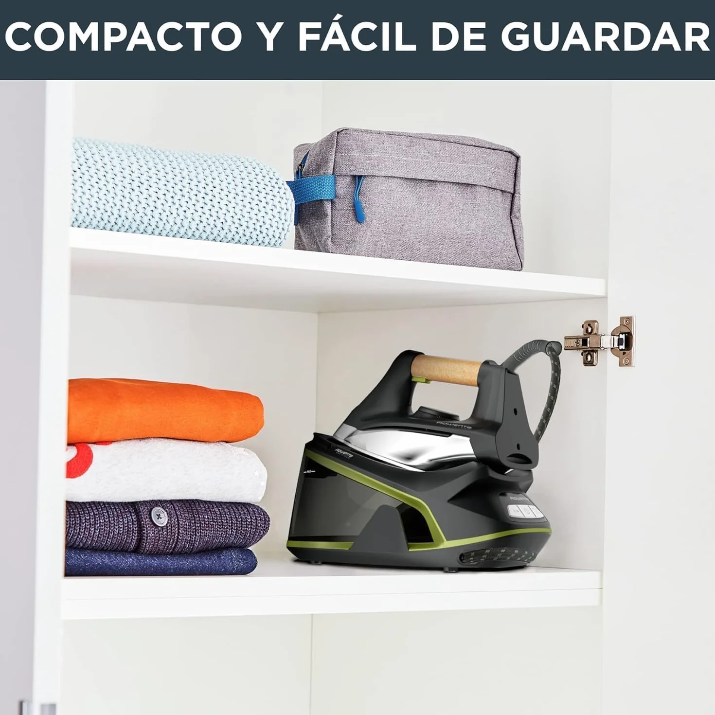 Rowenta Easy Steam - Centro de planchado, Alta presión 6 bares, Golpe de vapor 270 g/min, Vapor continuo 110 g/min, Suela Airglide con depósito de 1.4 L, Modo Eco, Negro/Verde, VR7360