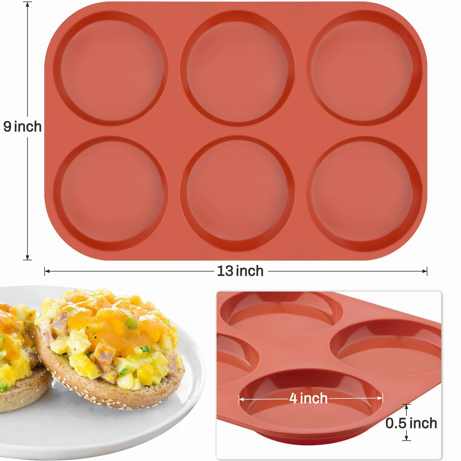 Ocmoiy Moldes de silicona para hornear magdalenas/huevos antiadherentes de 4 pulgadas, molde redondo de silicona para hamburguesas, magdalenas, huevos, 6 cavidades, paquete de 3