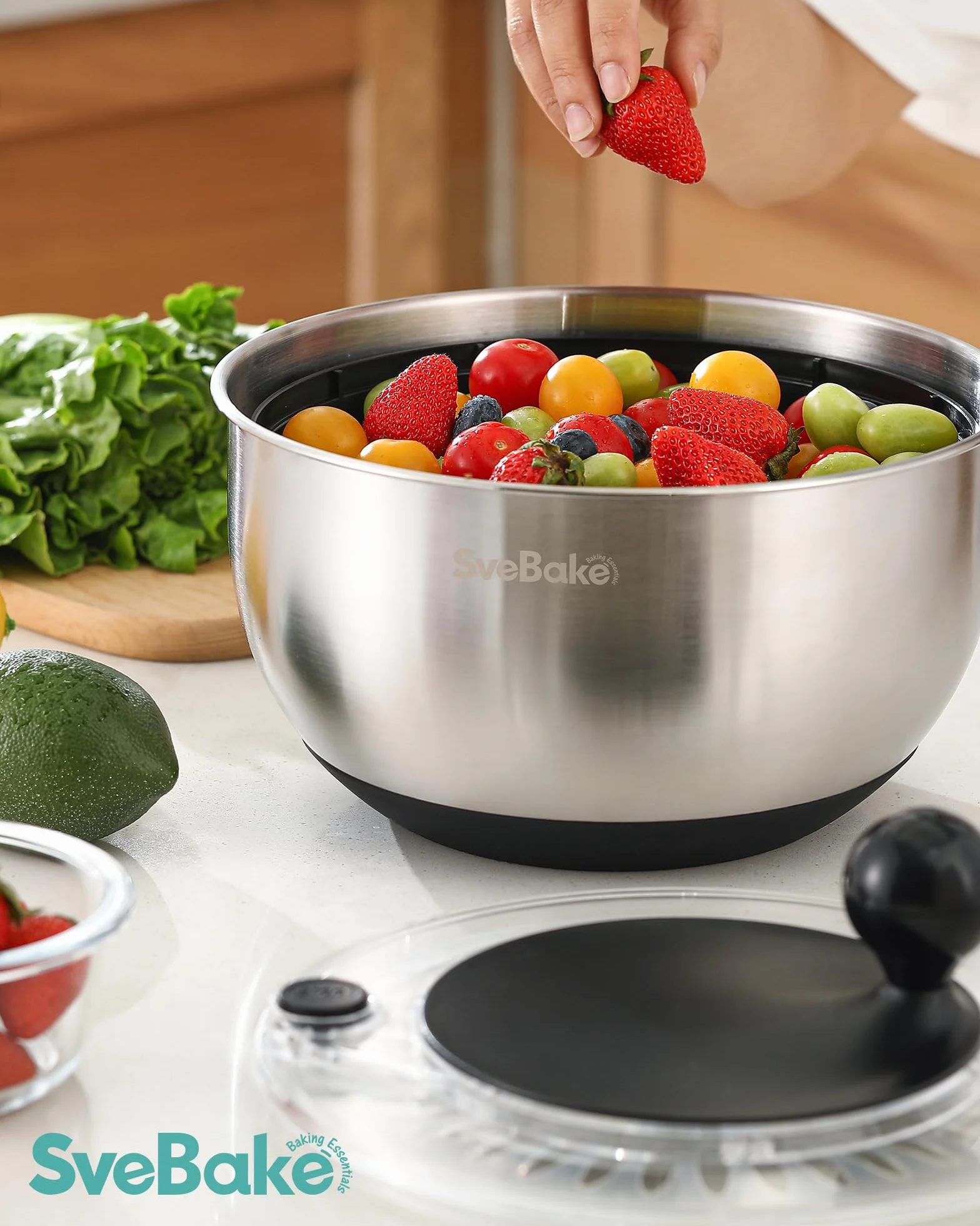 SveBake Centrifugadora Lechuga Acero Inoxidable con Botón de Parada, 5.3L Escurridor Verduras con Base Antideslizante, Escurridor Ensalada Sin BPA
