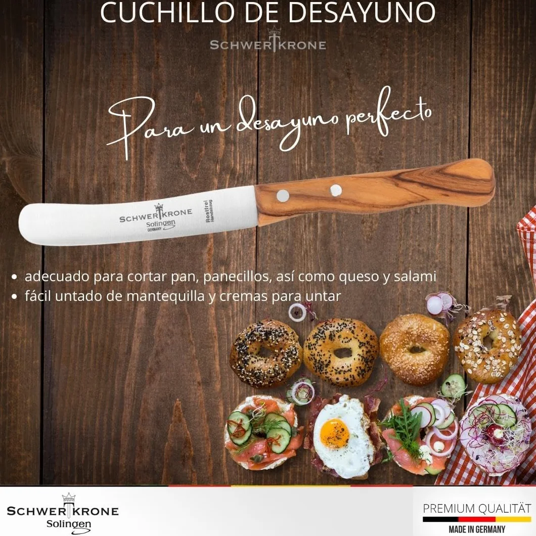 Schwertkrone Buckelsmesser - Cuchillo de desayuno original de Solingen, acero inoxidable, Dwünschliff, madera de olivo