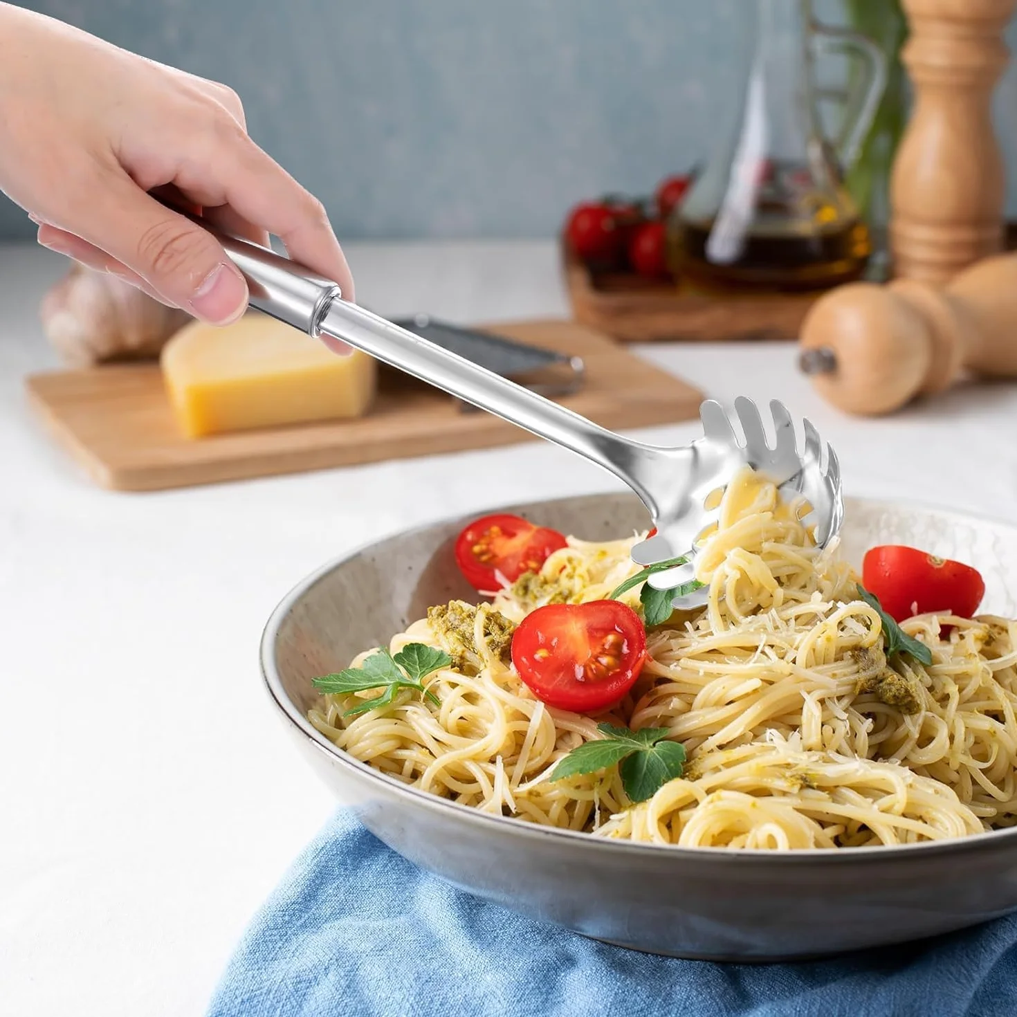 Cuchara de espagueti, cuchara de pasta, cortador de espaguetis, servidor de pasta de acero inoxidable duradero, servidor de tenedor de pasta, resistente al calor, 30 cm