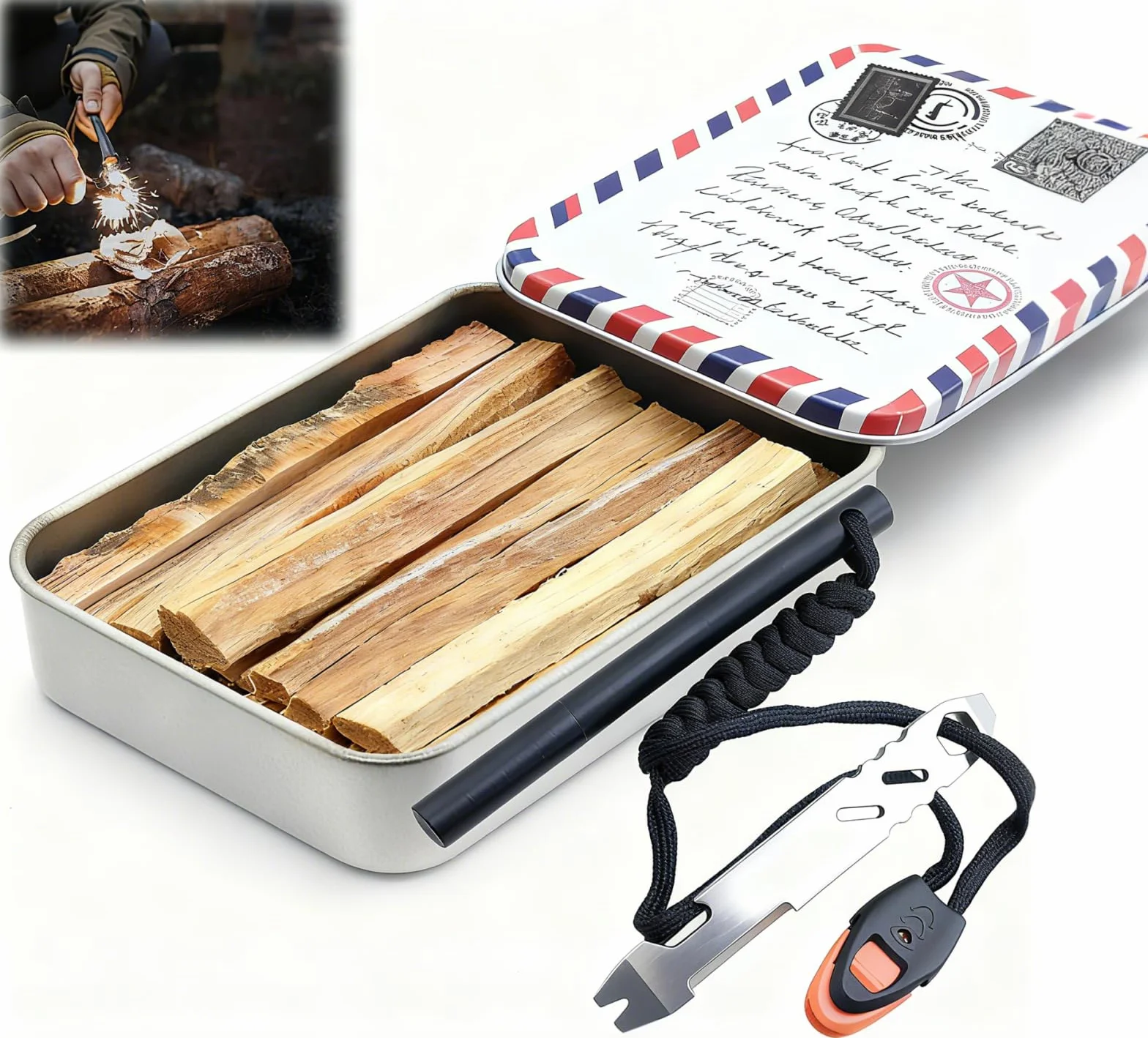 Kit Supervivencia Encendedor Pedernal Ferrocerio Varilla Magnesio Yesca Rascador Caja Metal Camping Senderismo Bushcraft