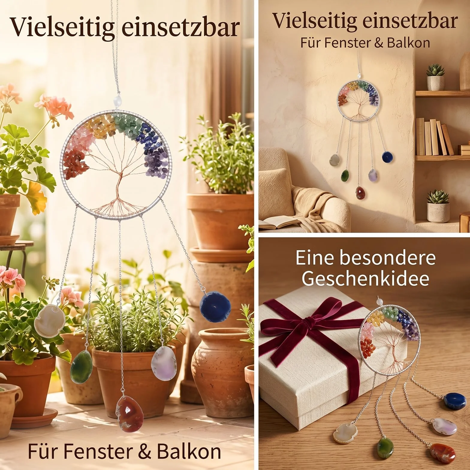 Hoypeyfiy Cristales árbol de la vida atrapasueños, piedra preciosa natural ágata chakra escudo colgante de pared decoración del hogar para meditación yoga arte de pared