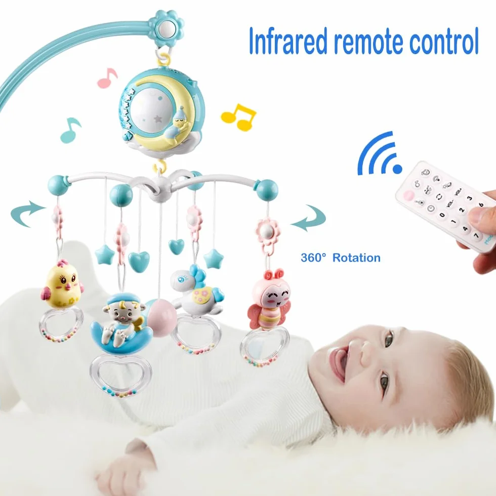 Mini Tudou Móvil para cuna de bebé cuna con musica y luces, función de temporización, Proyección, quitar el sonajero y caja de música, para bebes chicos Niñas pequeñas (azul)