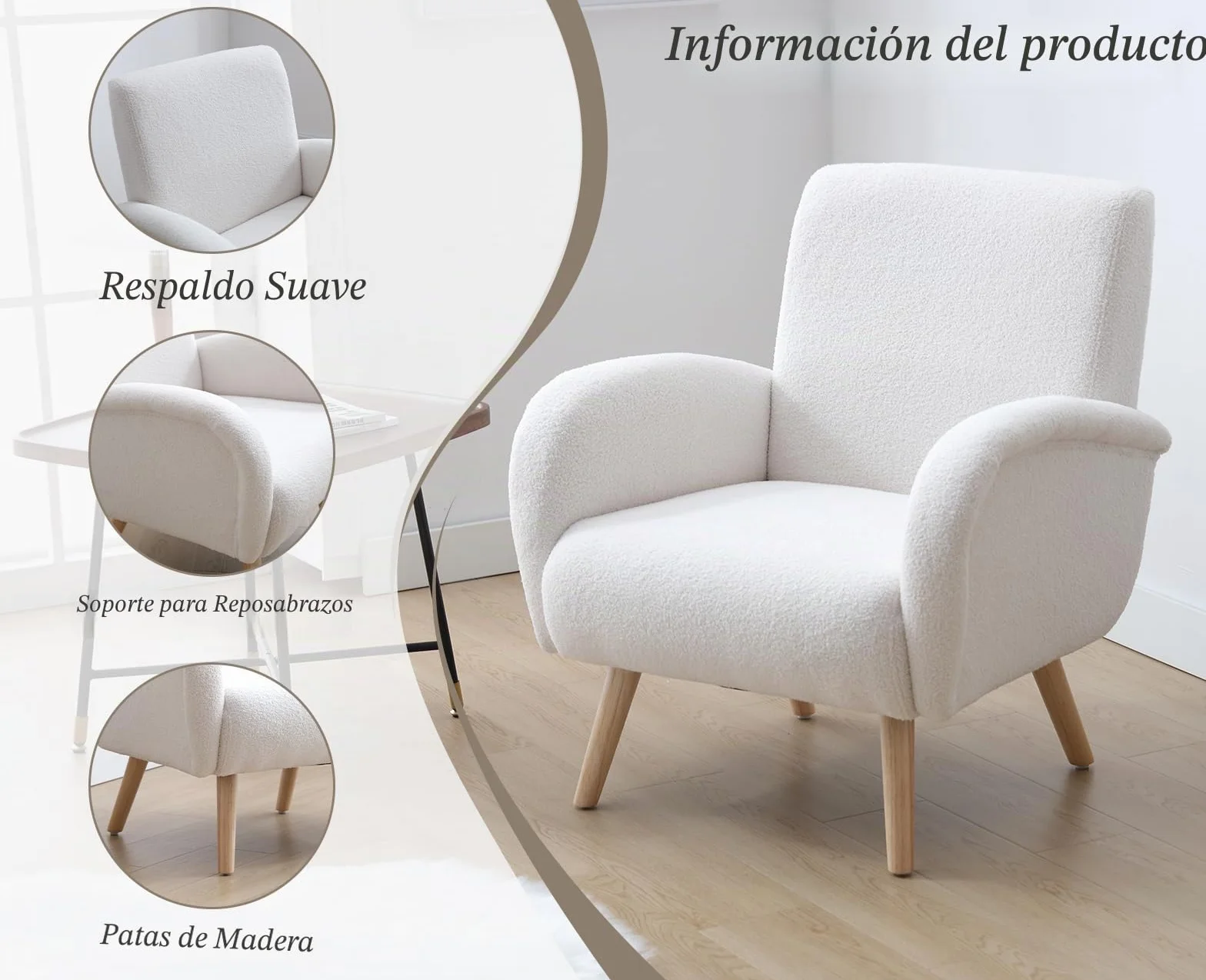 chairus Butaca Ocio Moderno Sofá de Salón Individual con Patas de Madera, Sillón Pequeño Lectura para Sala de Estar/Dormitorio, Blanco