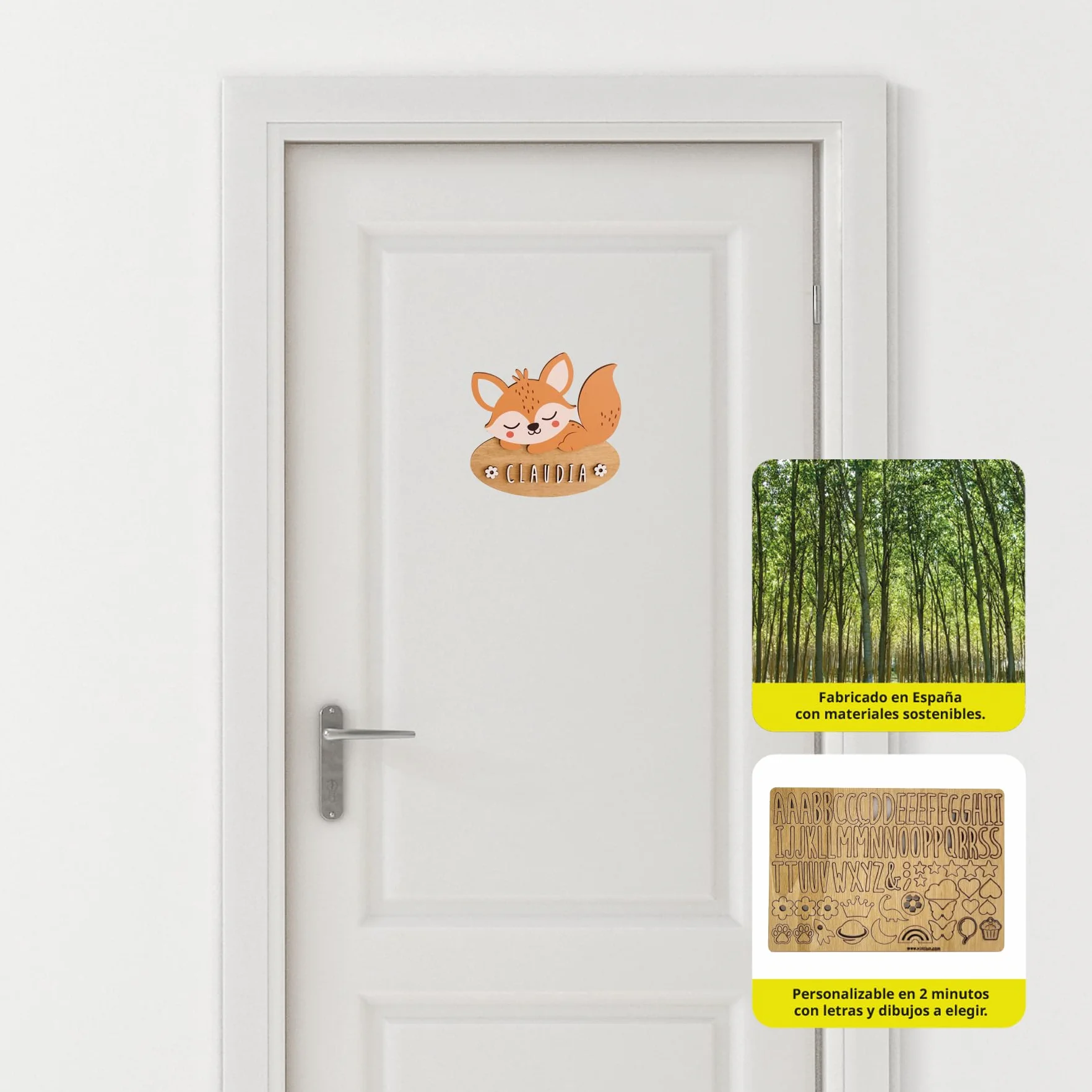 WONDEE Vintiun Placa Decoración Habitación Bebé Infantil Zorrito, Nombres Madera Personalizados Puerta Niñas Niño, Regalo Original Bebé