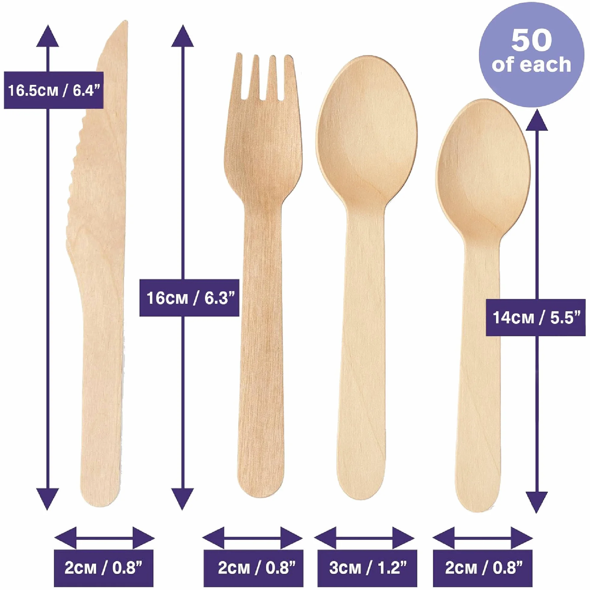 MATANA 200 Cubiertos de Madera Desechables - 50 Cuchillos, 50 Tenedores, 50 Cucharas, 50 Cucharillas - 100% Natural, Ecológico, Biodegradable - Fiestas, Picnics, BBQ, Catering