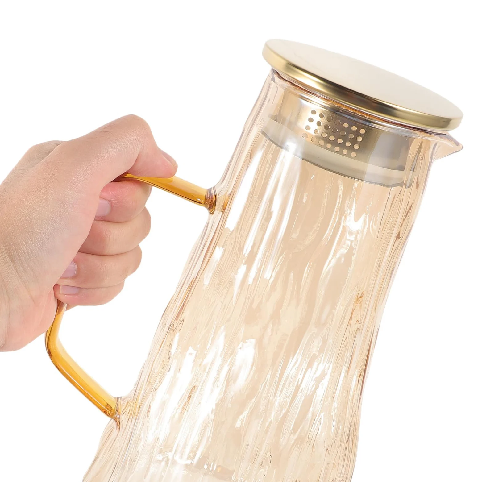 Mipcase Jarra de Agua de Cristal Engrosada para Té E Infusor de Frutas, Resistente a Altas y Bajas Temperaturas, Capacidad Adecuado para Nevera, Color Dorado, Diseño Seguro y Versátil