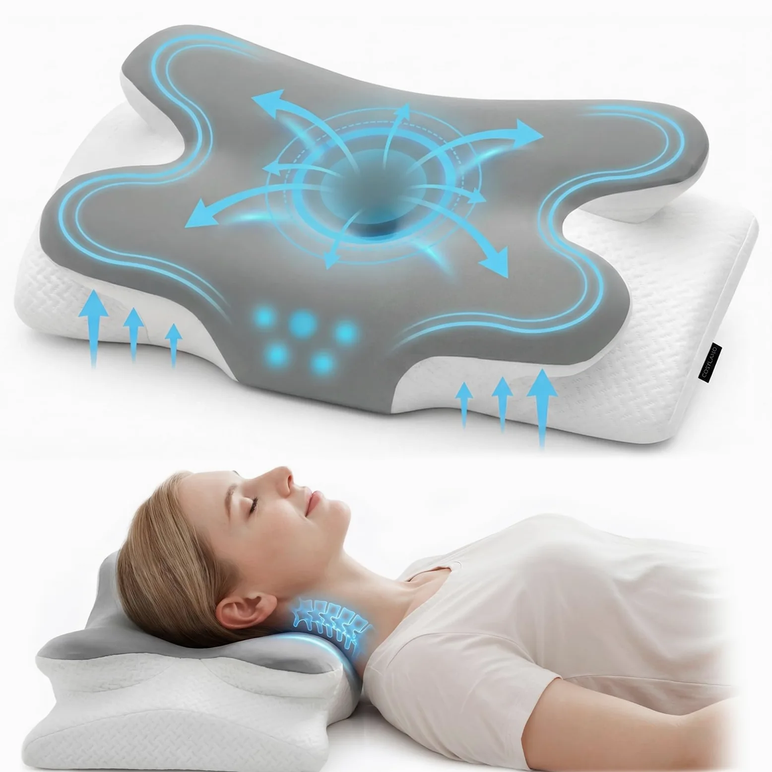 COSYLAND Almohada Cervicales y Cuello - Espuma Viscoelástica, Diseño Mariposa con Soporte Ergonómico y Transpirable, para Dormir de Lado, Boca Arriba y Boca Abajo, 63 x 34 x 11/13 cm, Gris