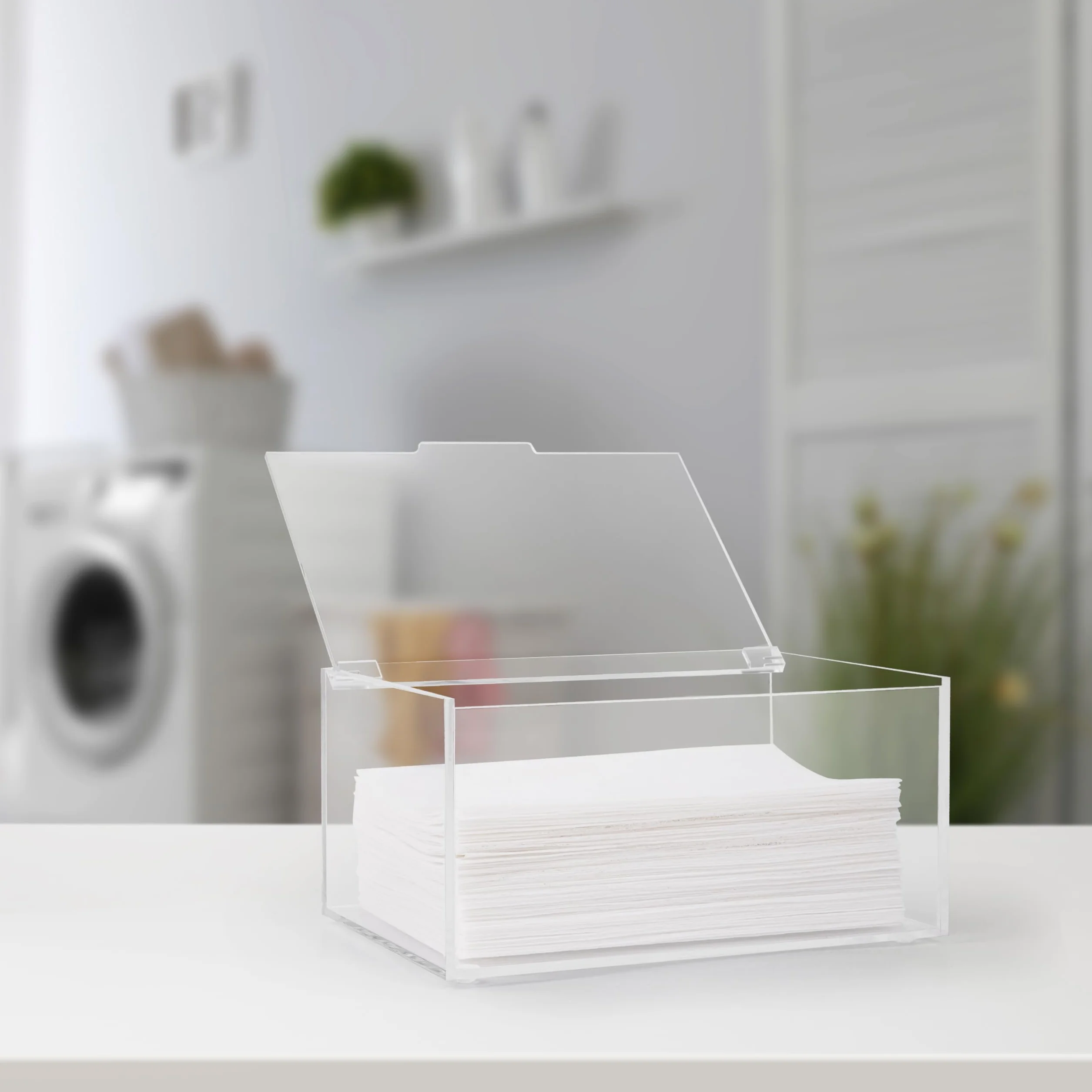 Winter Shore Soporte Metacrilato para Productos de la Secadora- Caja Acrilico Transparente con Tapa Artículos de Limpieza, Alfileres y Más - Dispensador Metacrilato Rectangular Capacidad Máxima 1,8 L