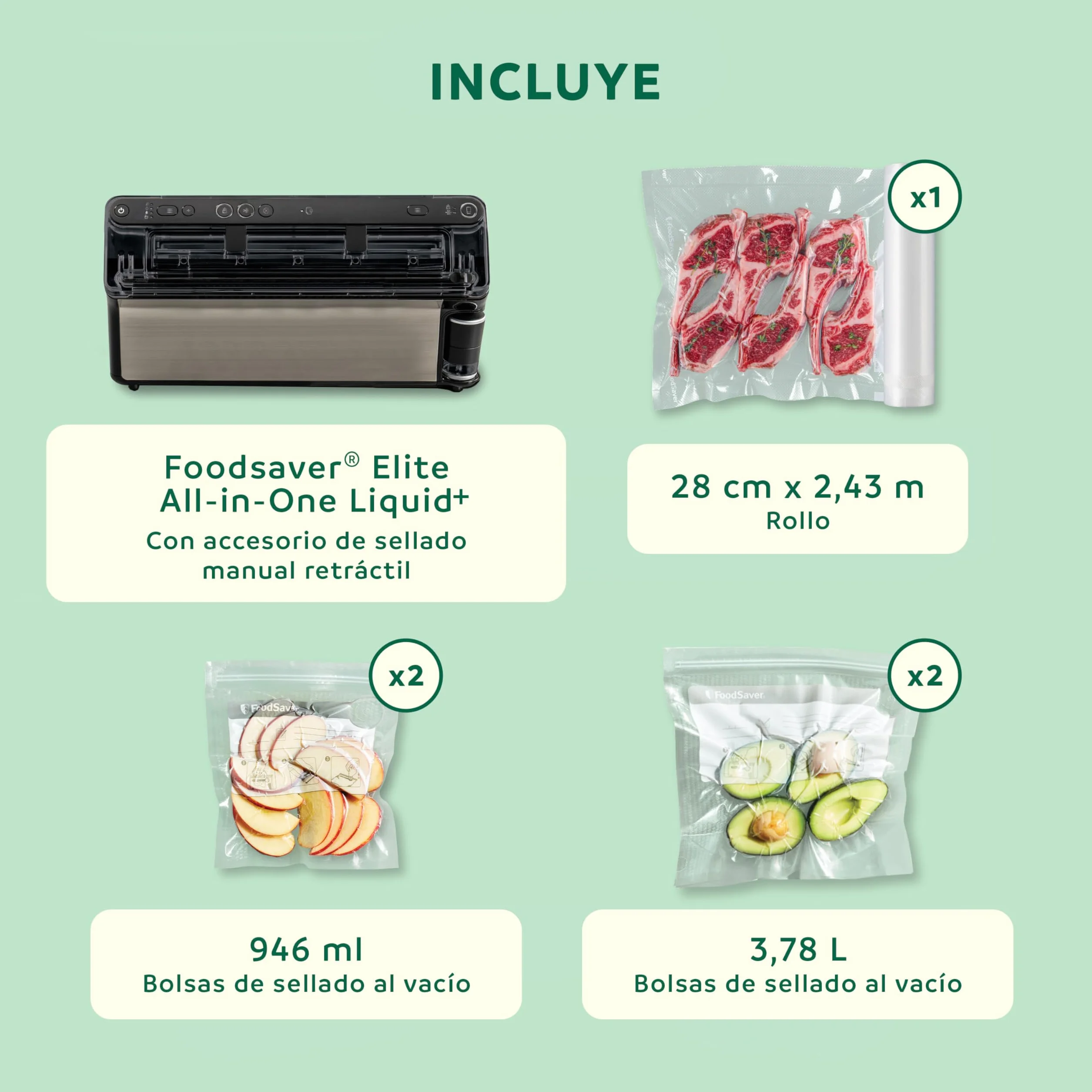 FoodSaver Envasadora al vacío Elite All-in-One Liquid+ | Alimentos hasta 5 veces más frescos* | Sellado de líquidos | Con 1 rollo (28 cm x 2,43 m) y 4 bolsas para envasar al vacío (0,94 L y 3,78 L)